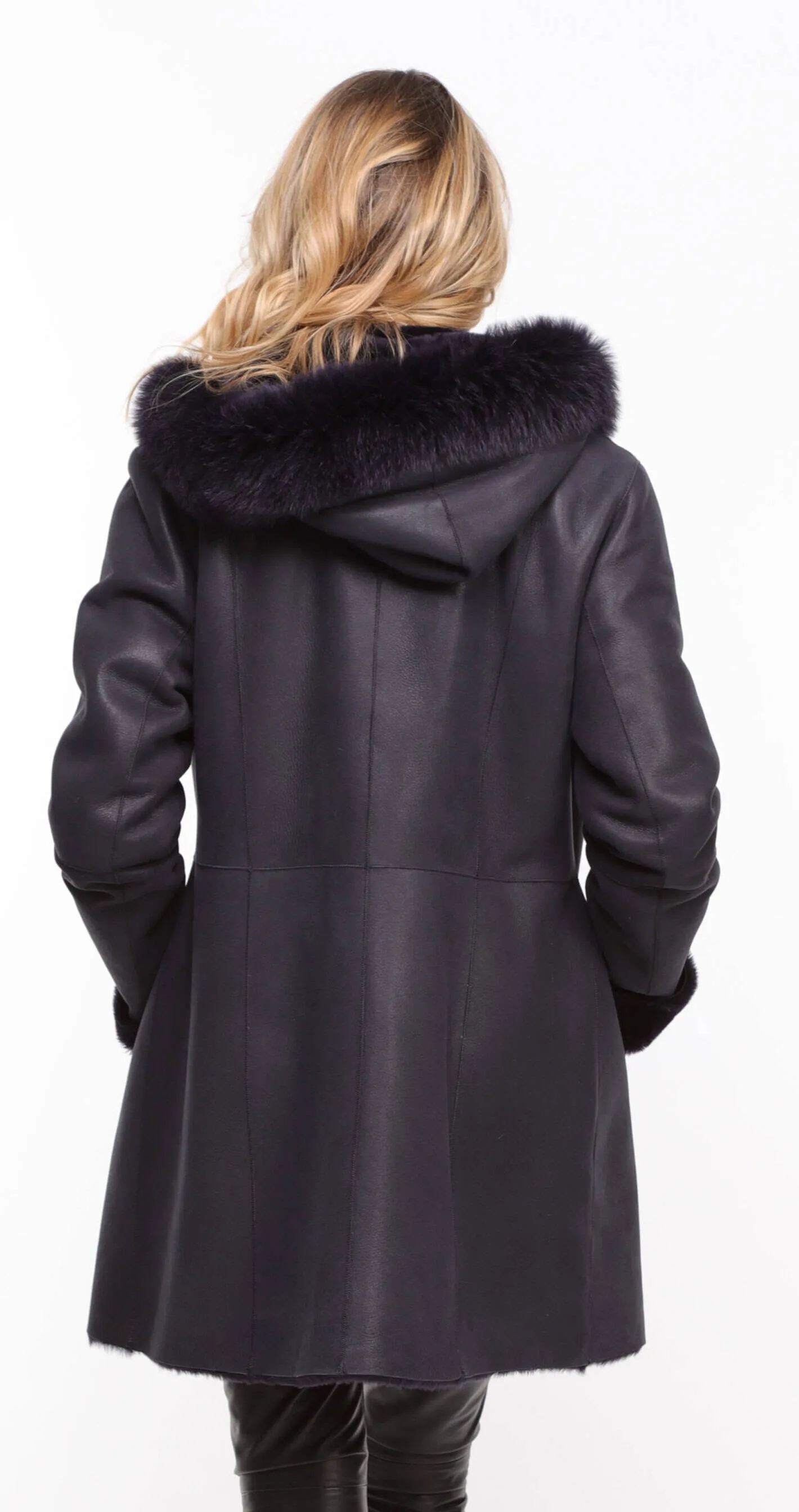 Navy sheepskin coat with hood for women.