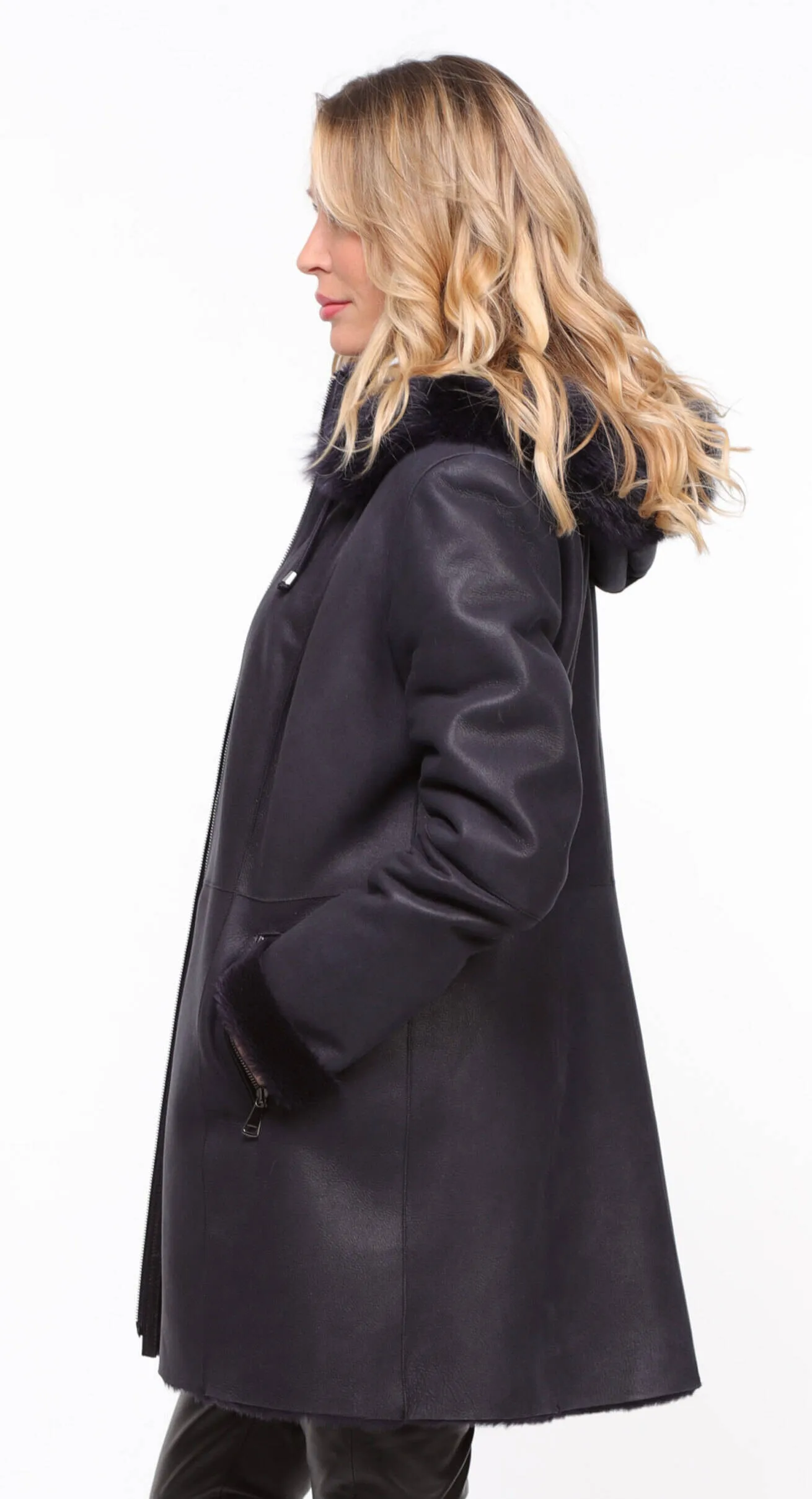 Navy sheepskin coat with hood for women.