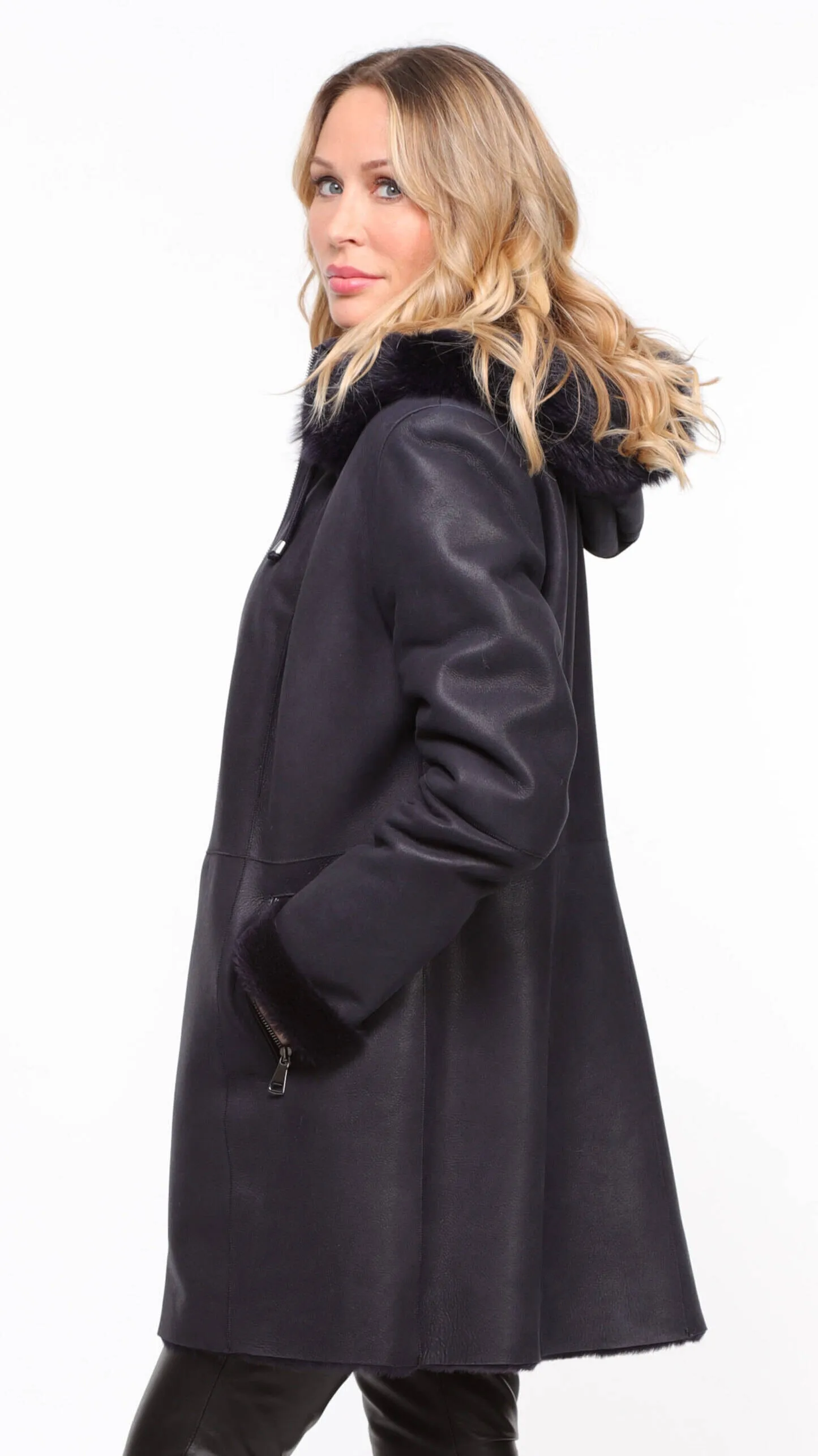 Navy sheepskin coat with hood for women.