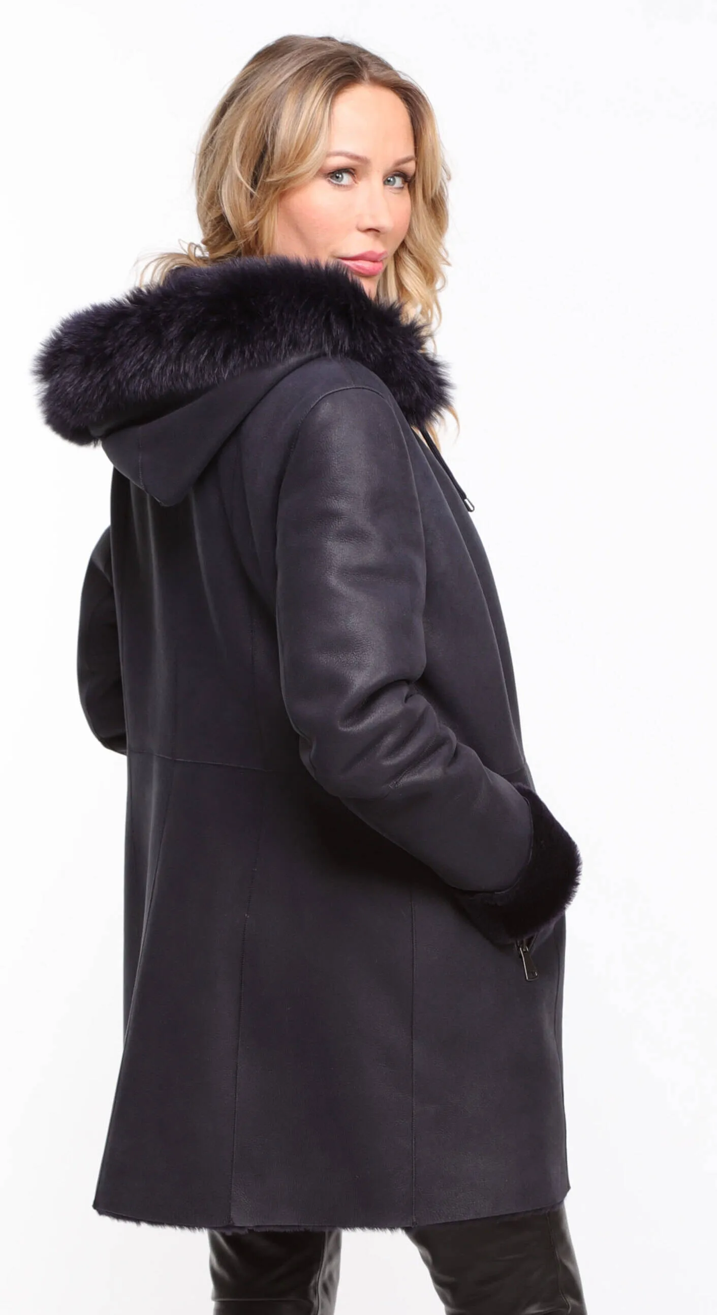 Navy sheepskin coat with hood for women.