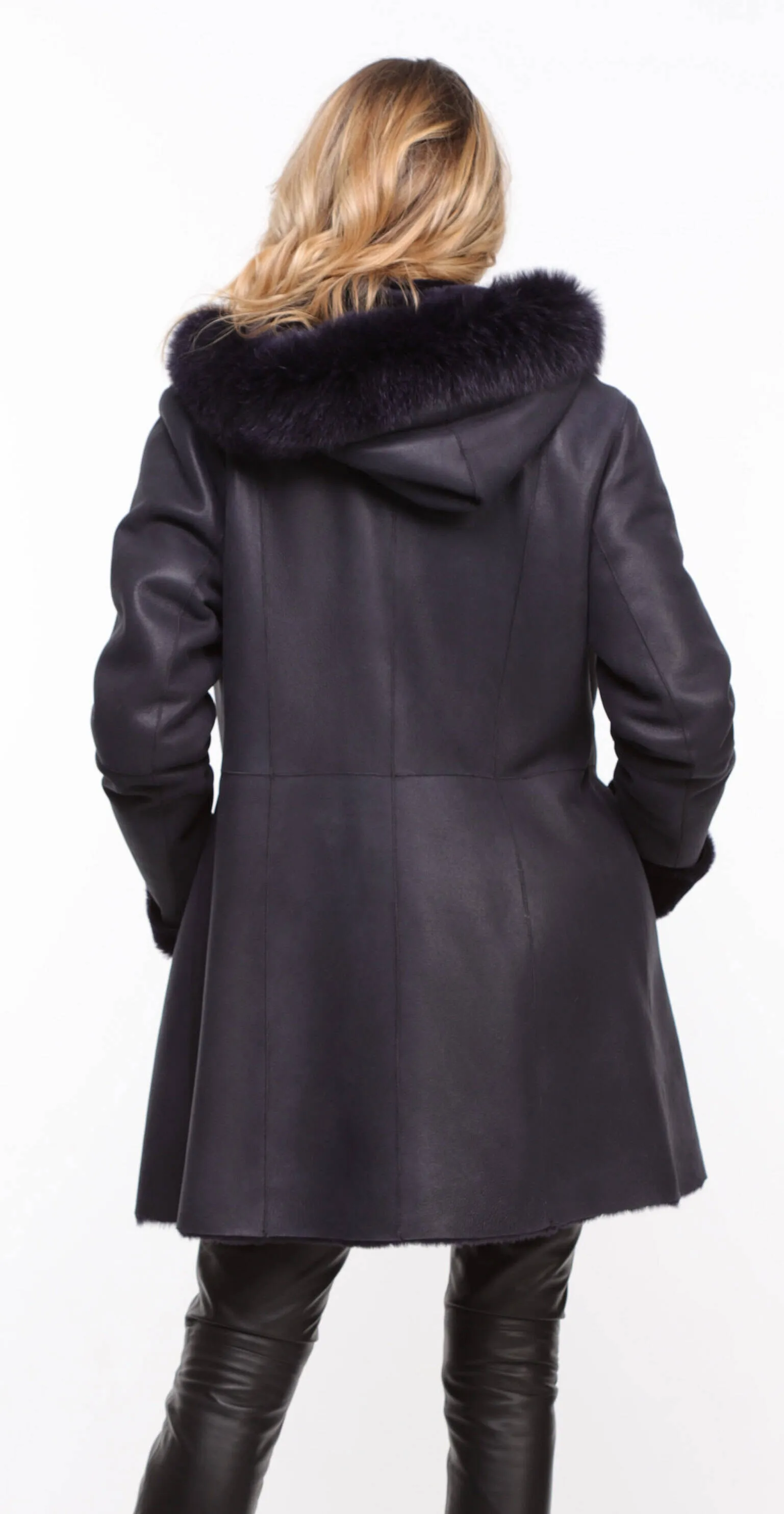 Navy sheepskin coat with hood for women.