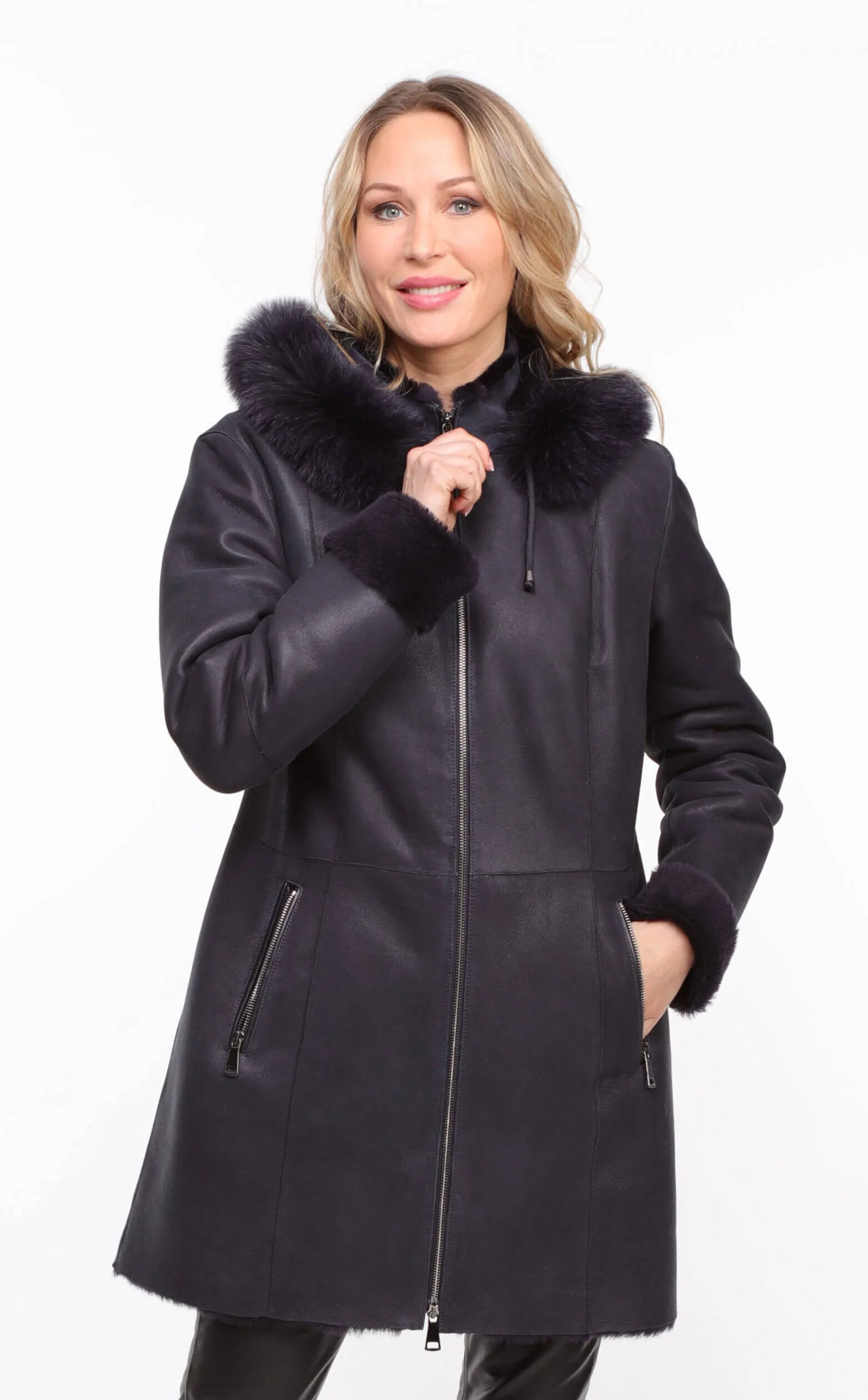 Navy sheepskin coat with hood for women.