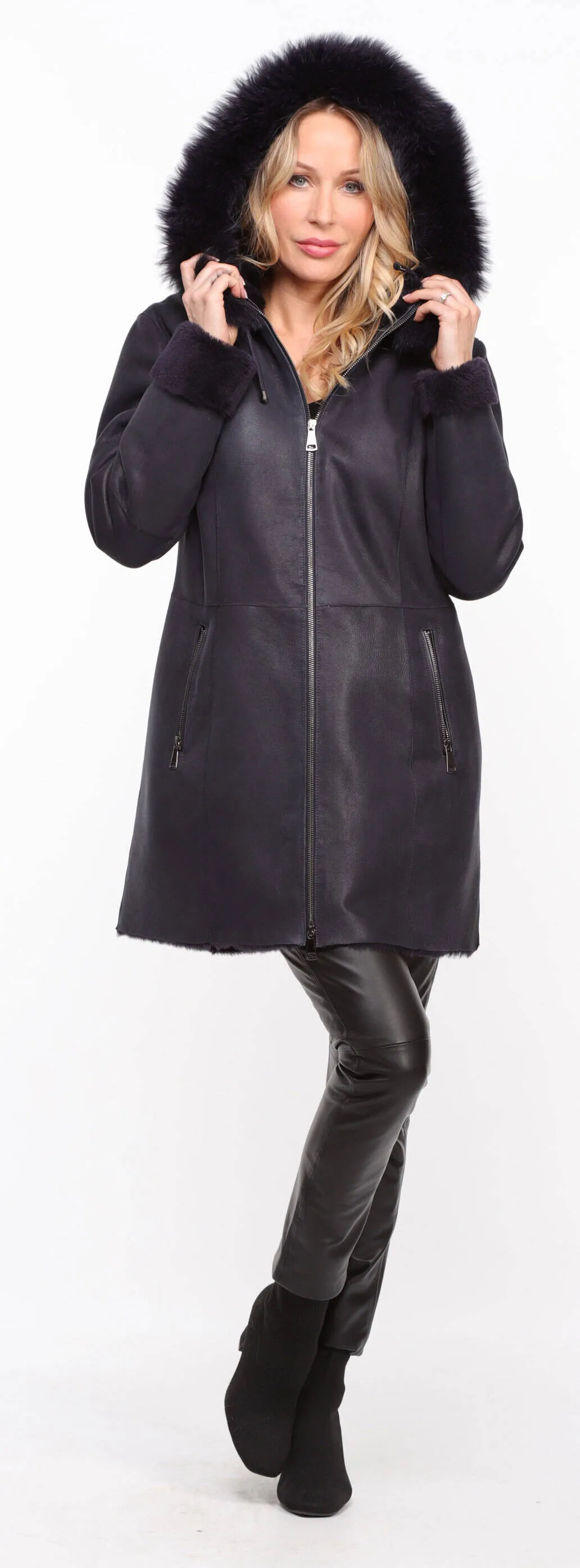 Navy sheepskin coat with hood for women.