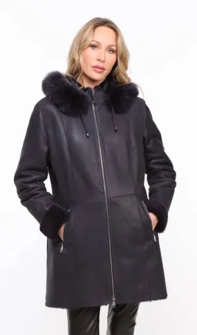 Navy sheepskin coat with hood for women.