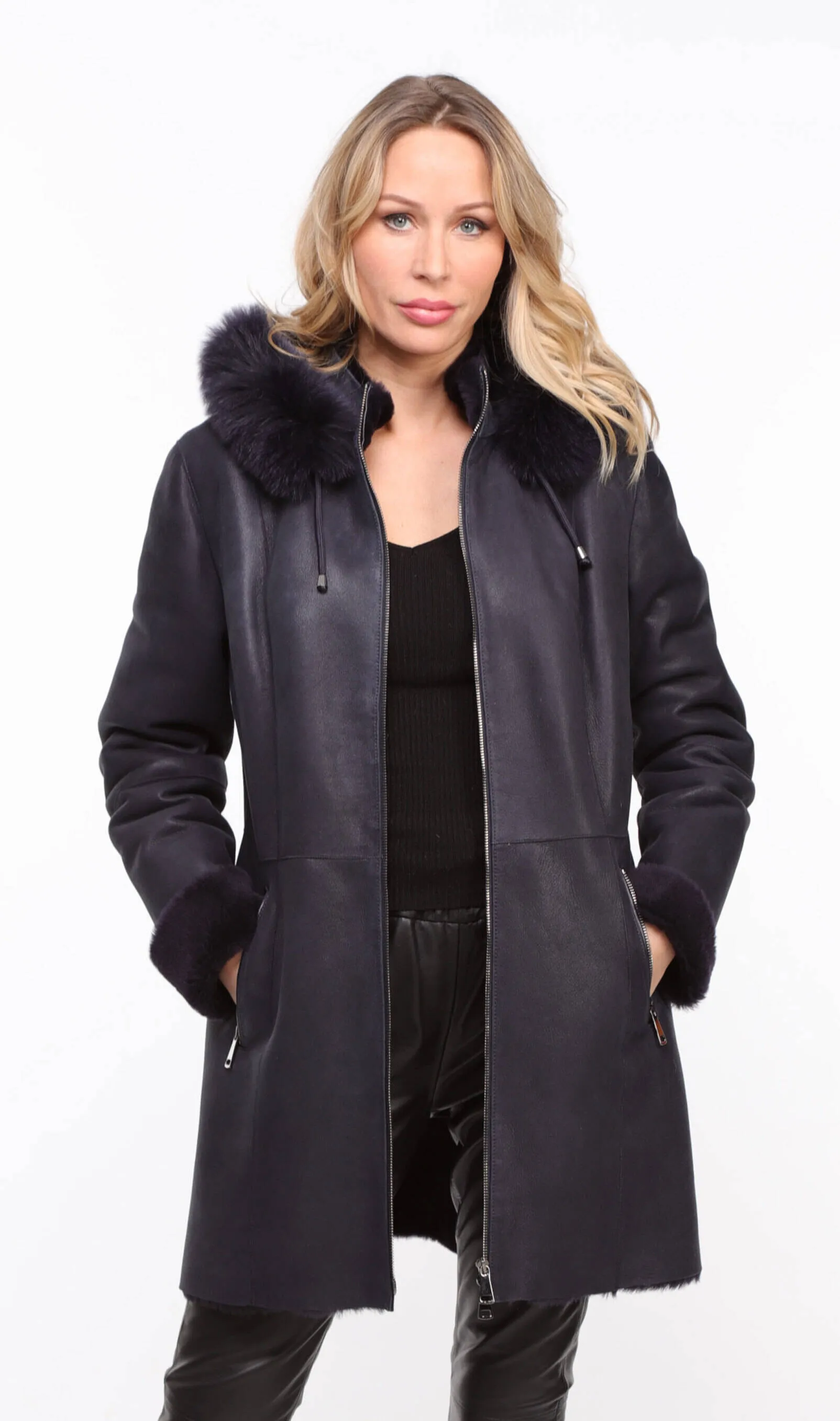 Navy sheepskin coat with hood for women.