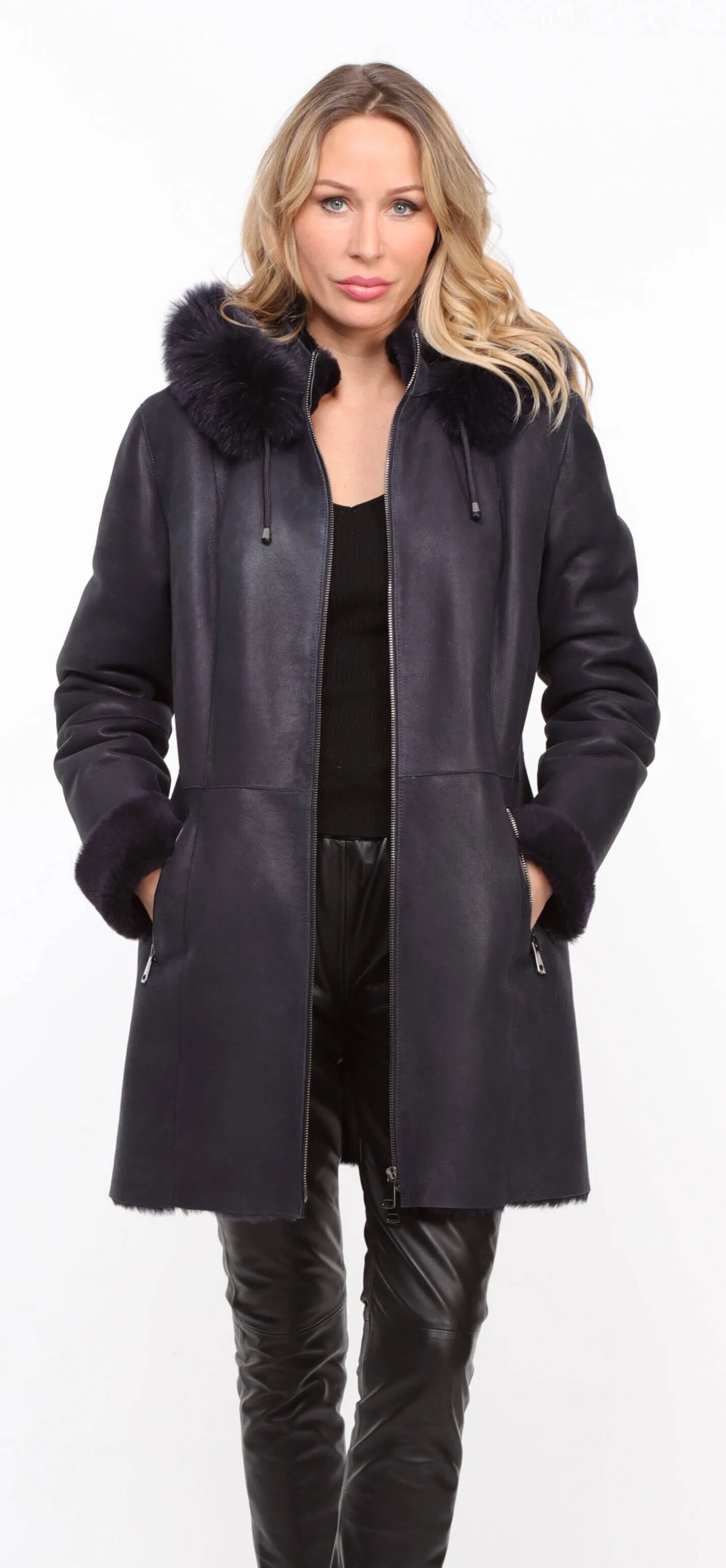 Navy sheepskin coat with hood for women.