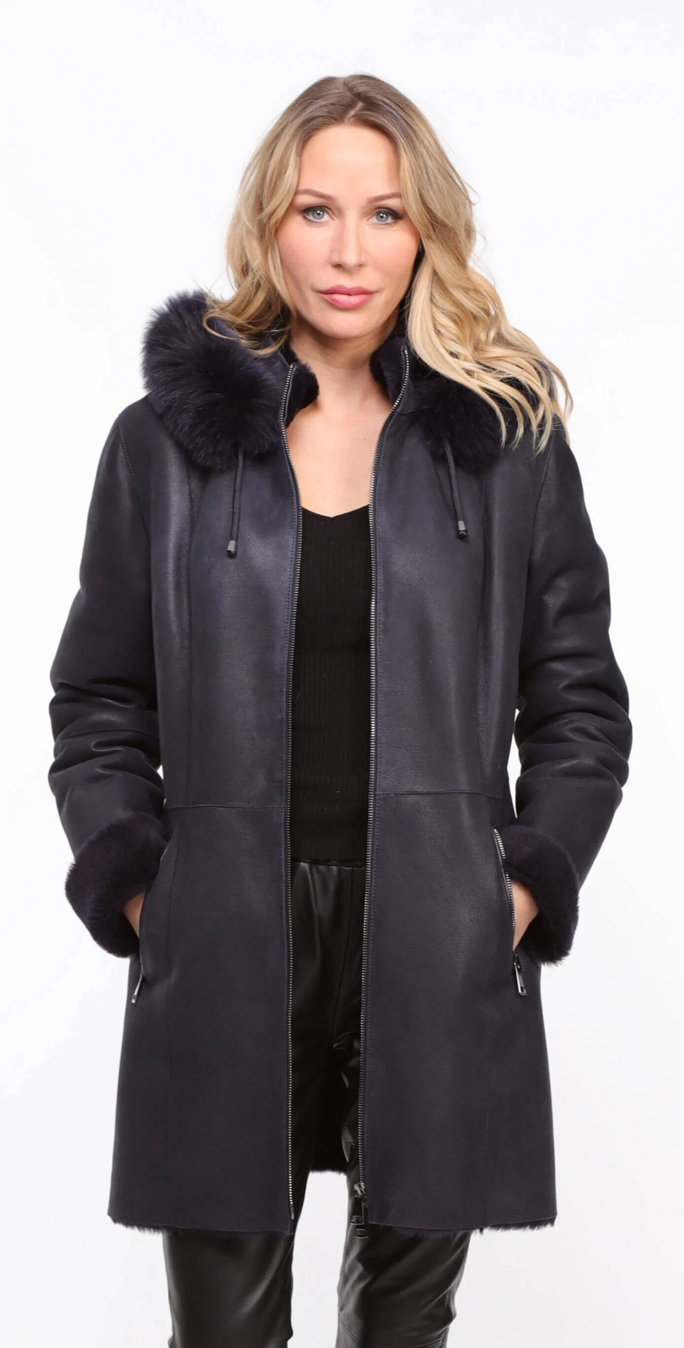 Navy sheepskin coat with hood for women.