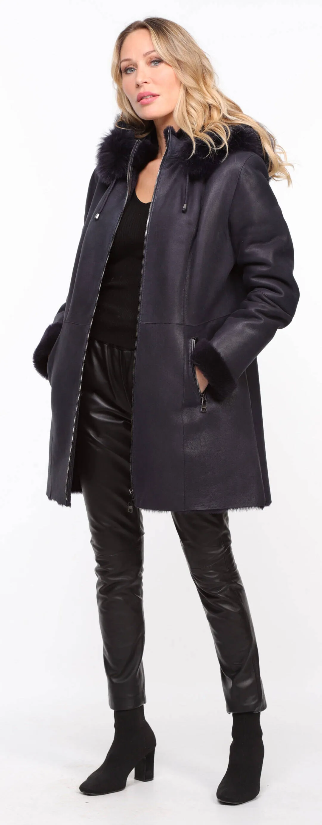 Navy sheepskin coat with hood for women.