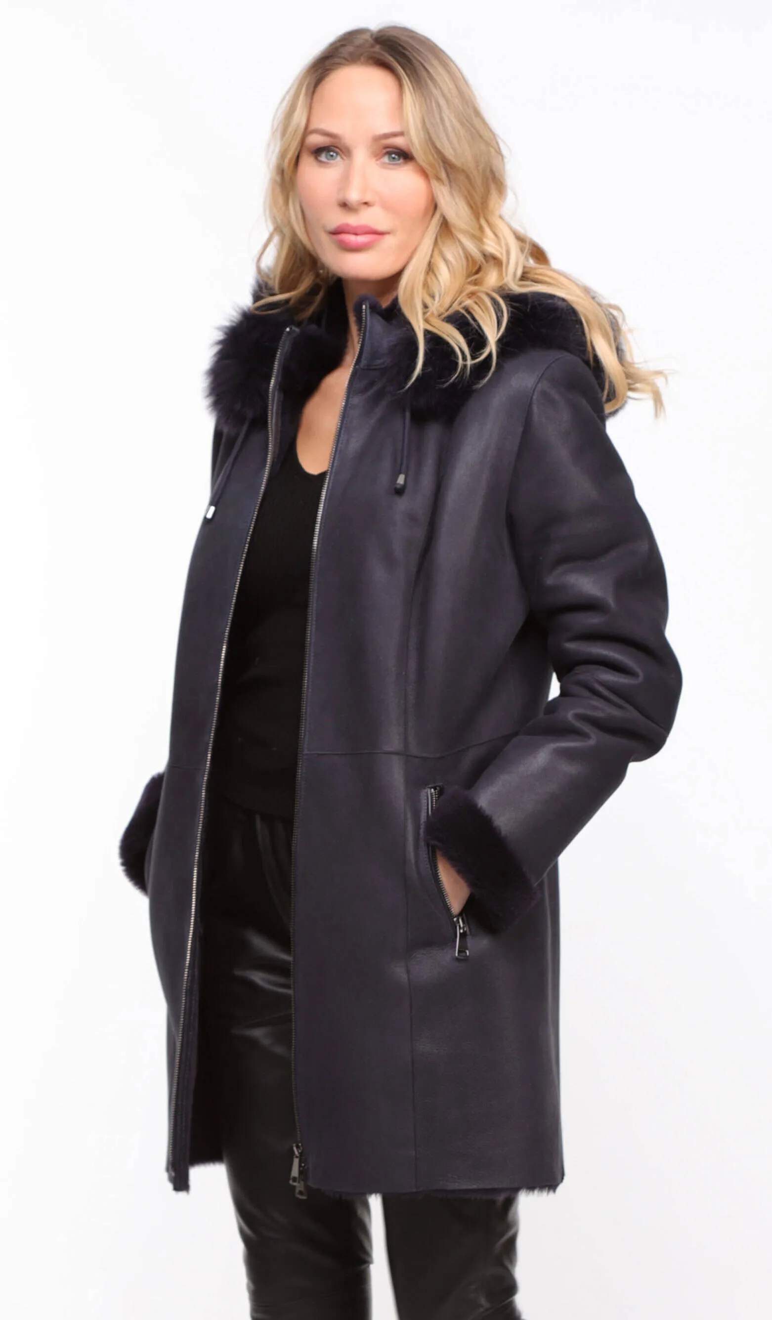 Navy sheepskin coat with hood for women.