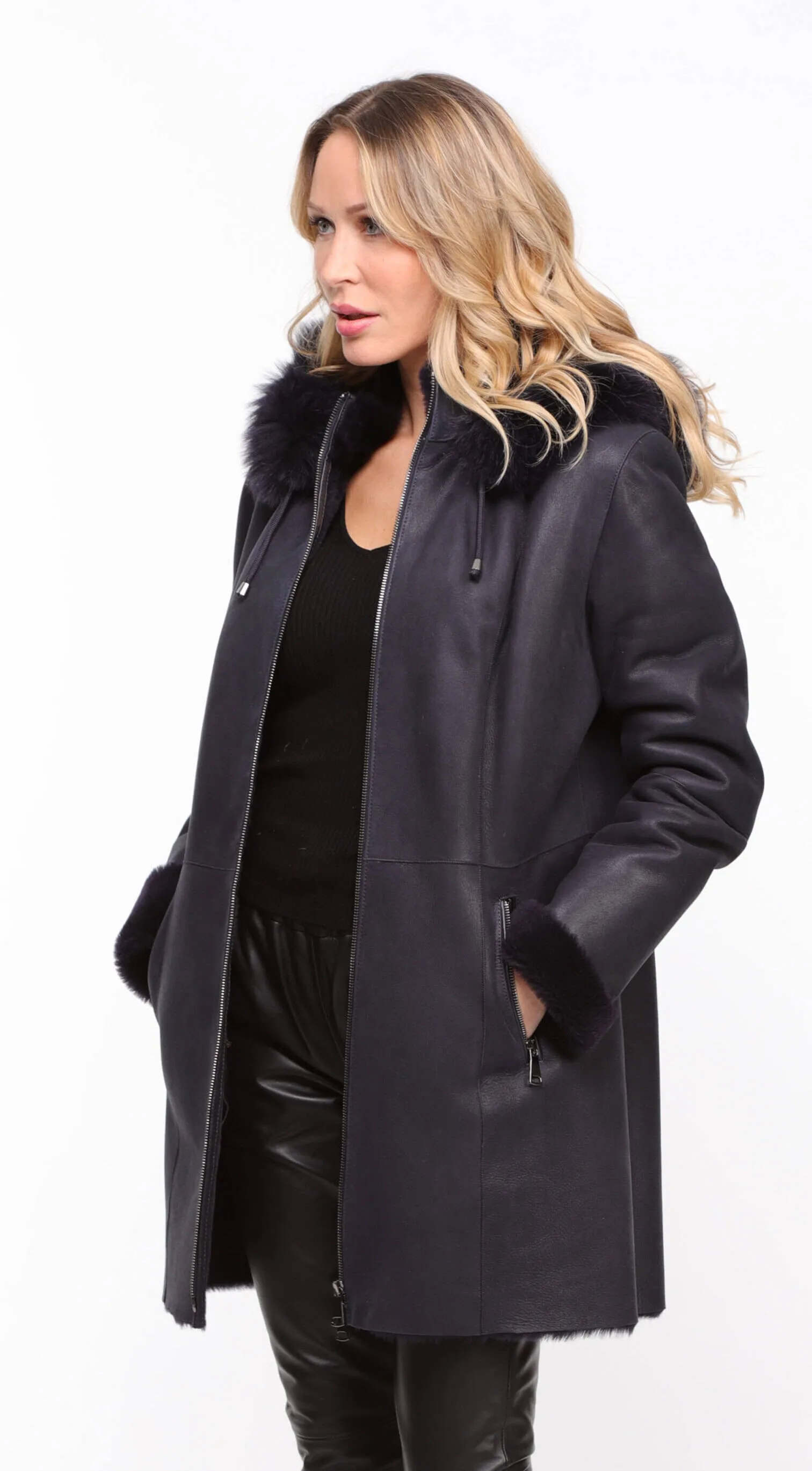 Navy sheepskin coat with hood for women.