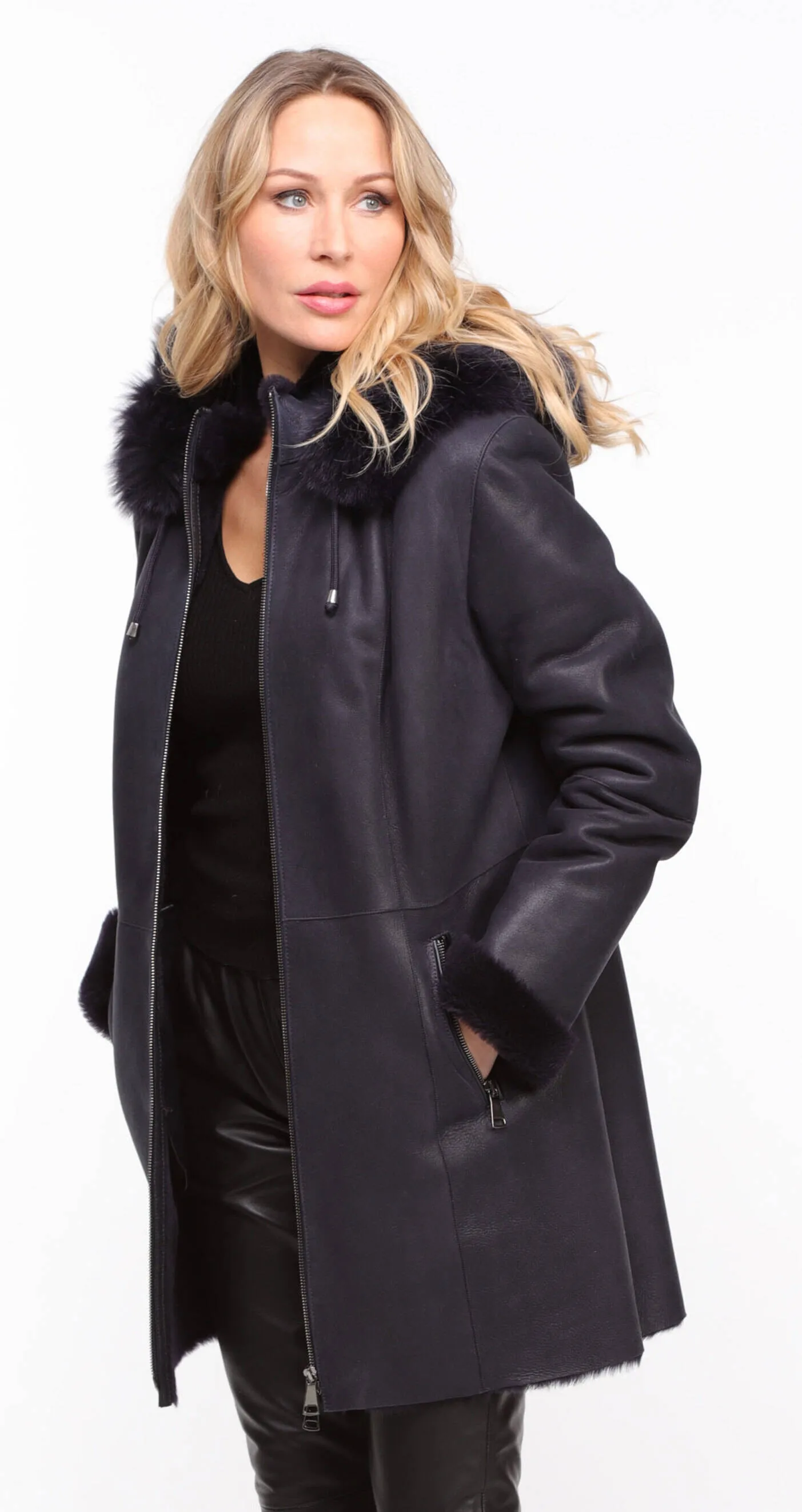 Navy sheepskin coat with hood for women.