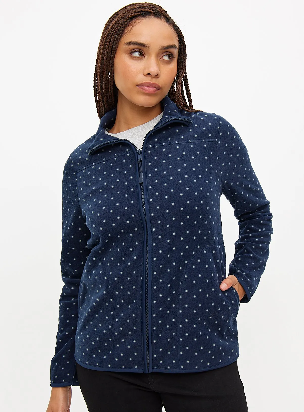 Navy Spot Print Zip-Through Fleece S | Shop Hoodies and Sweatshirts - Tu