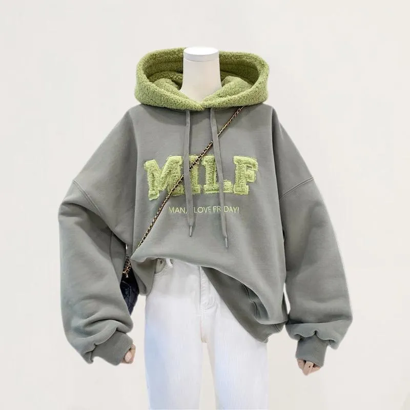 Oversized Patchwork Sweatshirt Hoodies with Thick Loose Fit - Long Sleeve Casual Style