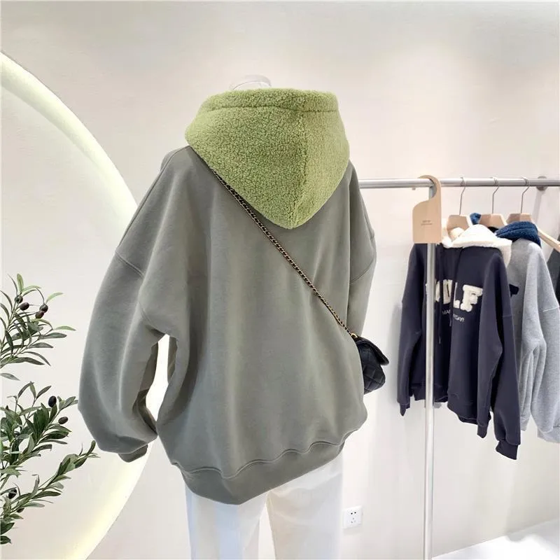 Oversized Patchwork Sweatshirt Hoodies with Thick Loose Fit - Long Sleeve Casual Style