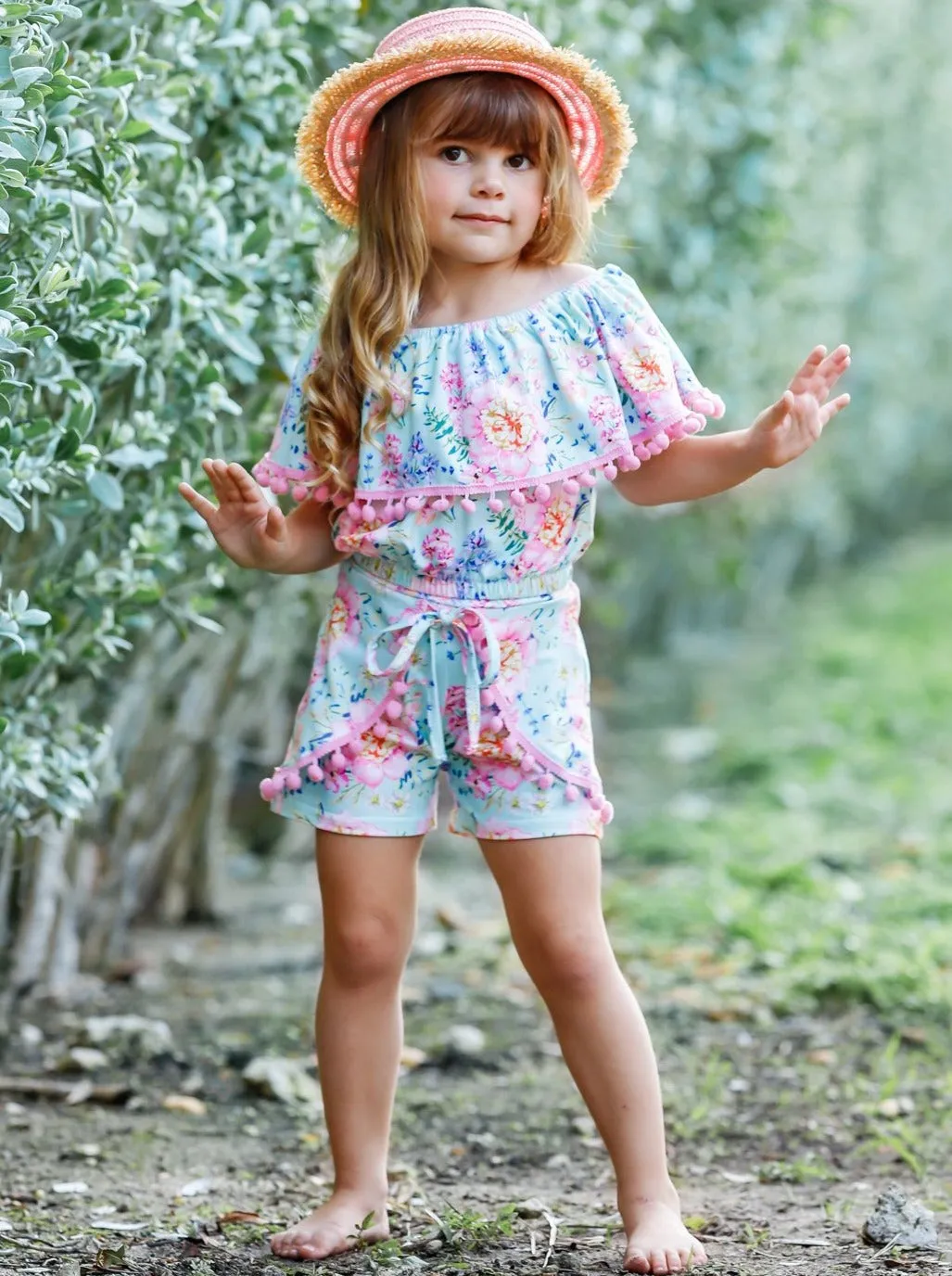 Petals And Pom Pom Ruffle Top And Overlay Short Set