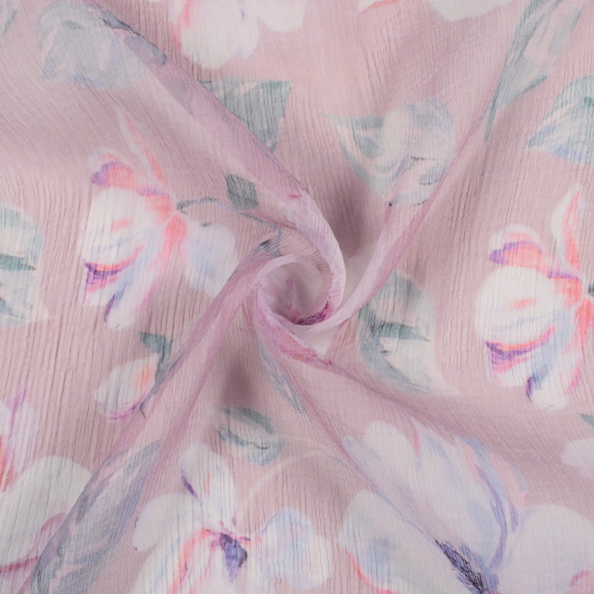 Pink White Floral Pattern Bemberg Chiffon Fabric Digital Print