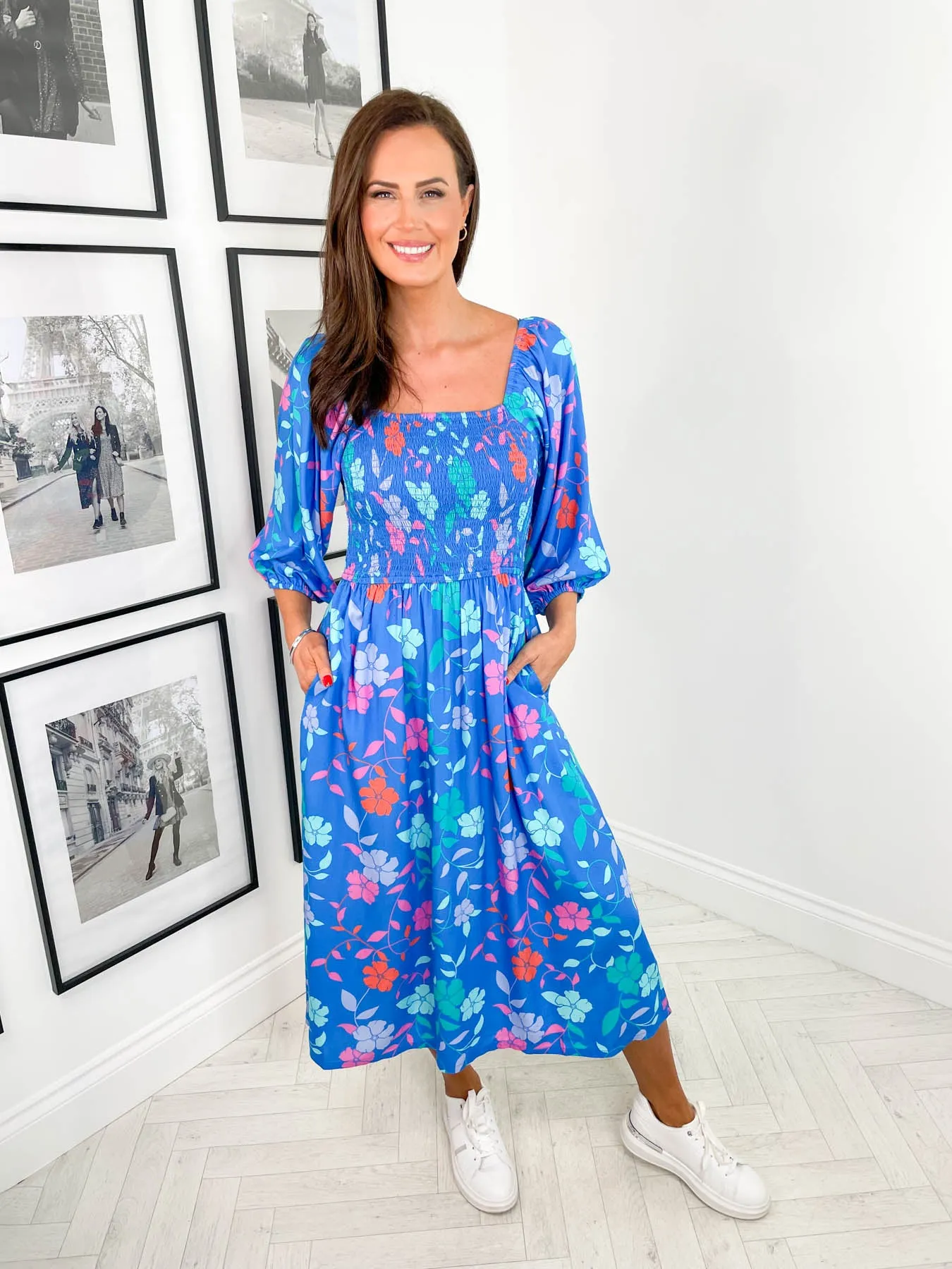Raquel Shirred Dress - Blue Rainbow Floral Vine by Sugarhill Brighton