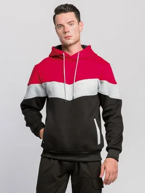 Red Color Block Men's Long Sleeve Polyester Hooded Sweatshirt