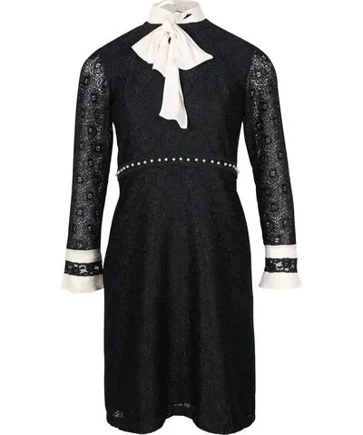 Sandro Paris Ribbon Neck Lace Dress in Black Polyester