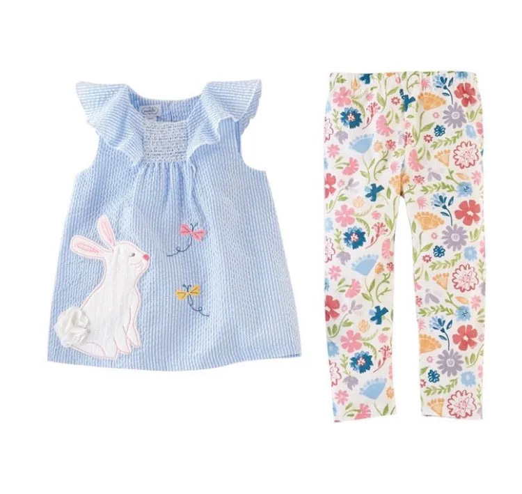 Seersucker Bunny Top & Flower Leggings Outfit Set