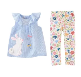 Seersucker Bunny Top & Flower Leggings Outfit Set