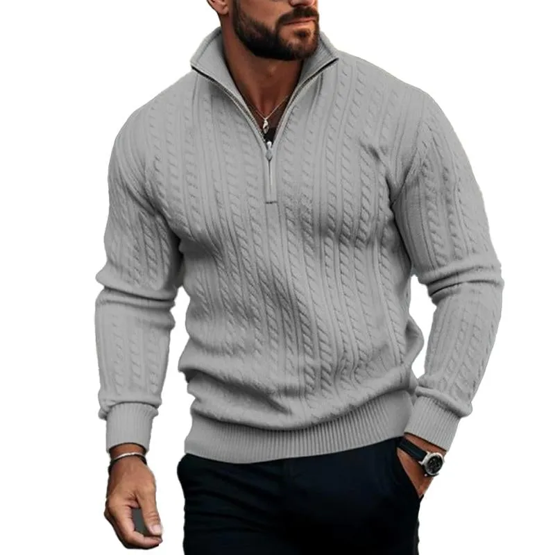 Solid Color Men's Half Zip Turtle Neck Sweater with Long Sleeves