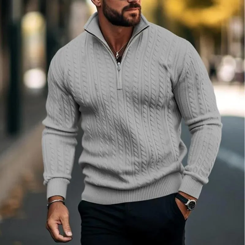 Solid Color Men's Half Zip Turtle Neck Sweater with Long Sleeves