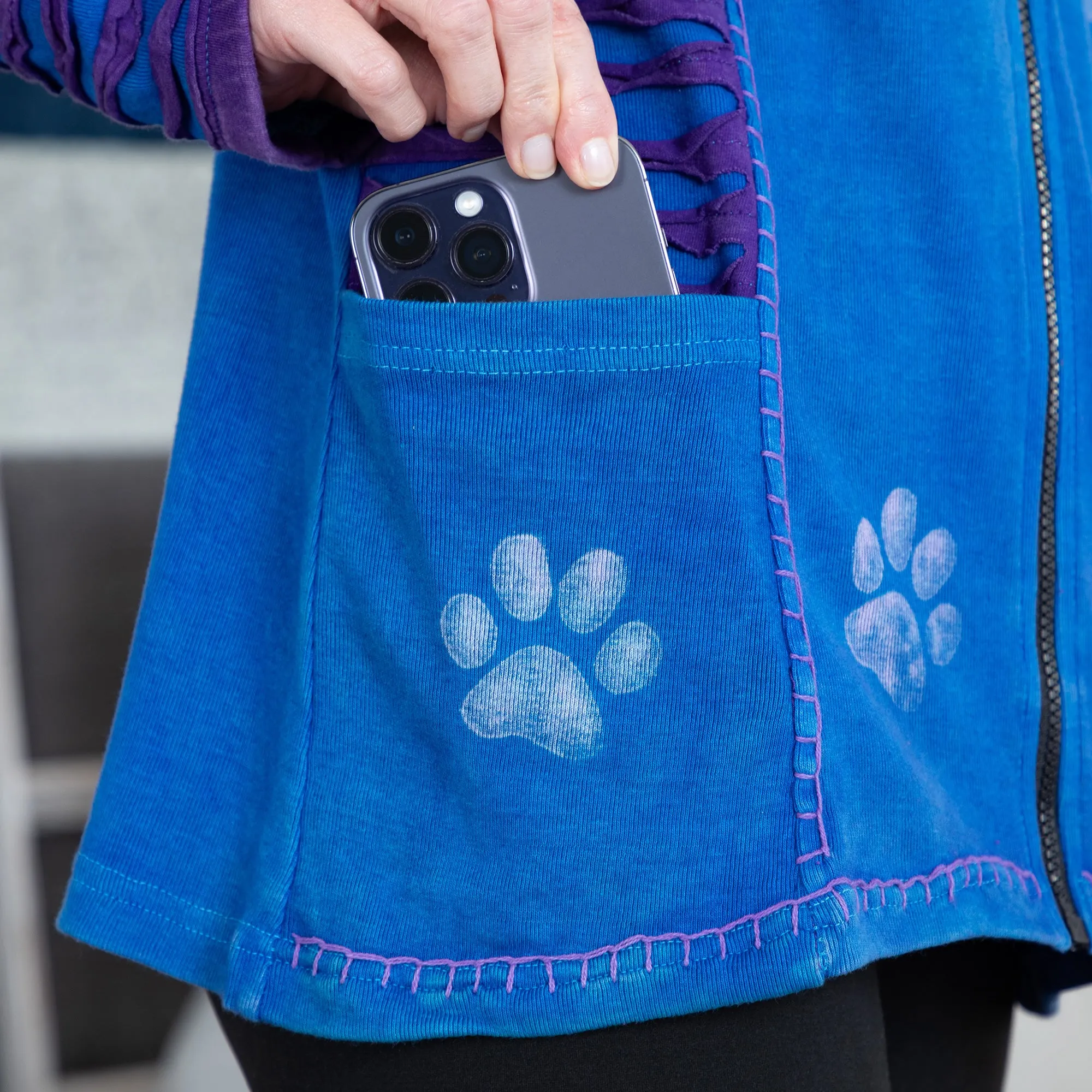 Stonewashed Blue and Purple Paw Print Hooded Jacket - Fair Trade