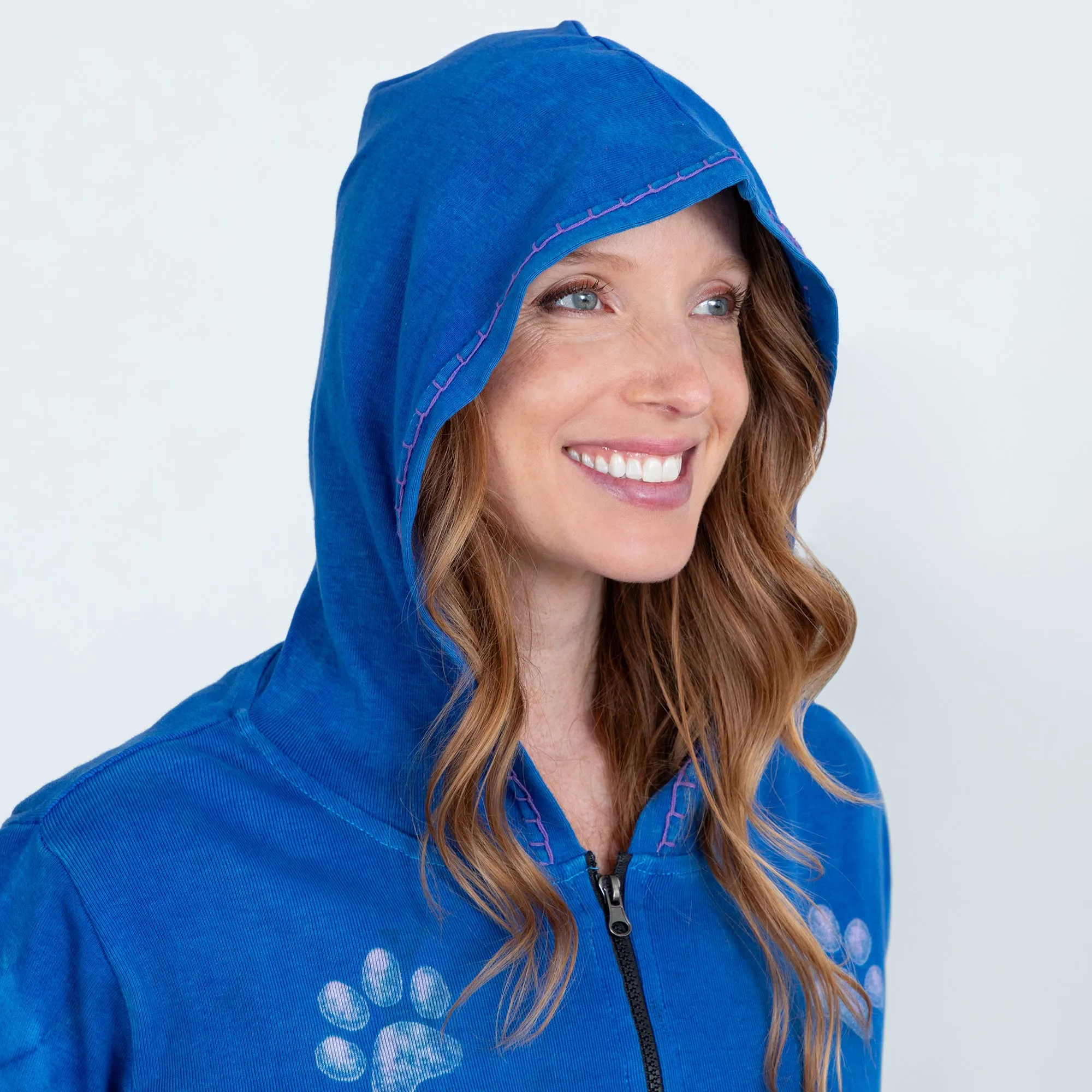 Stonewashed Blue and Purple Paw Print Hooded Jacket - Fair Trade