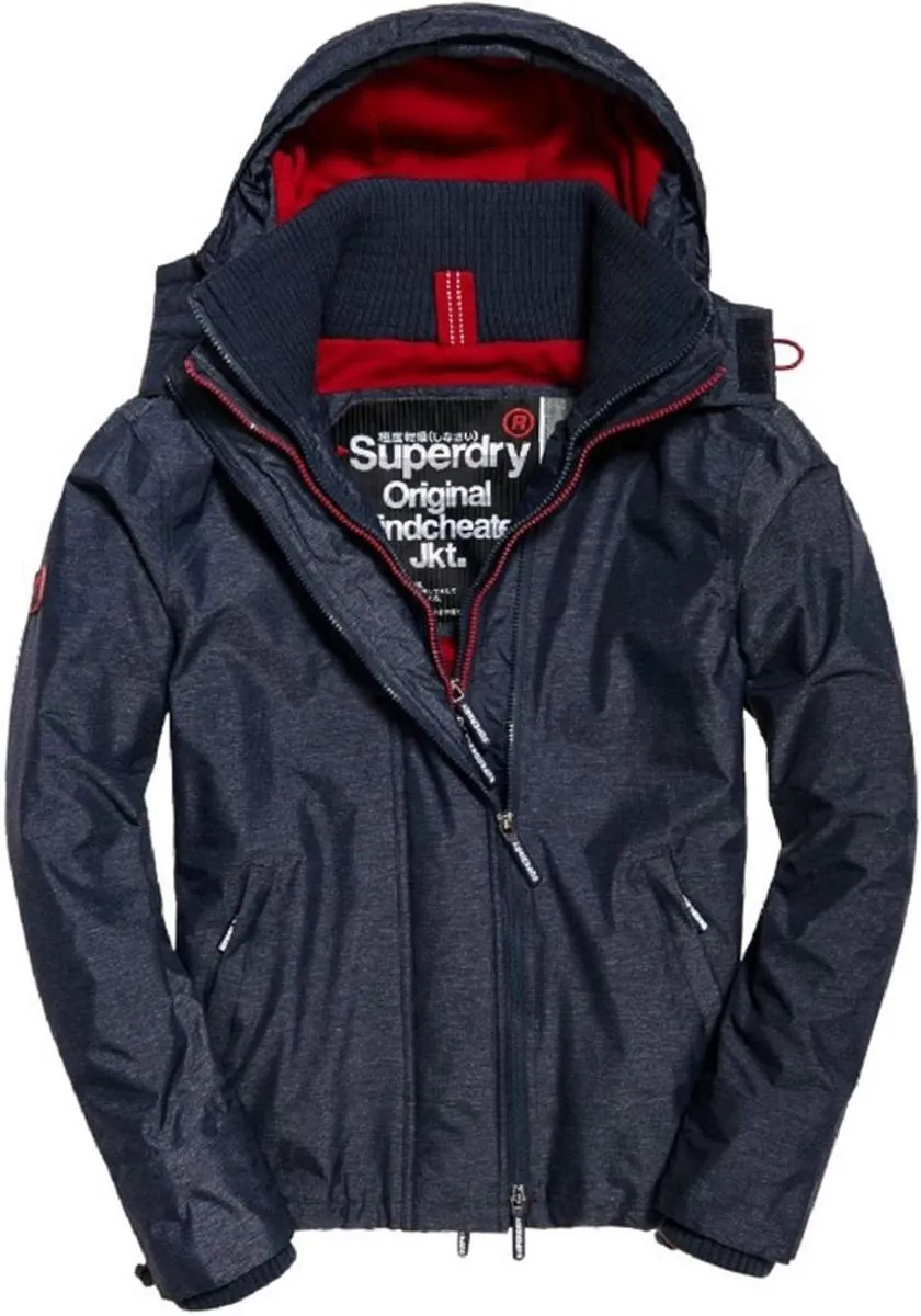 Stylish Superdry Hooded Jacket in Indigo Marl and Deep Red Colors