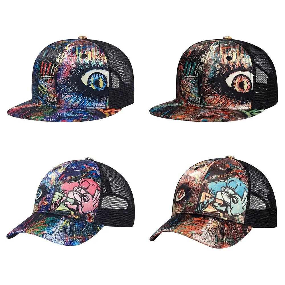 Unisex Graffiti Flat Brim Snapback Baseball Mesh Cap for Summer