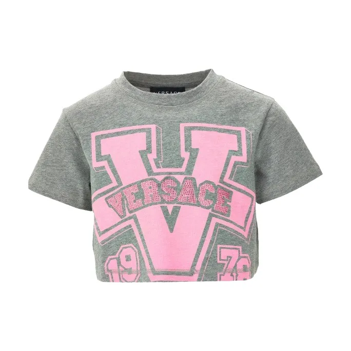 Versace Gray Melange Pink College Print T-Shirt 1007360_1A09190