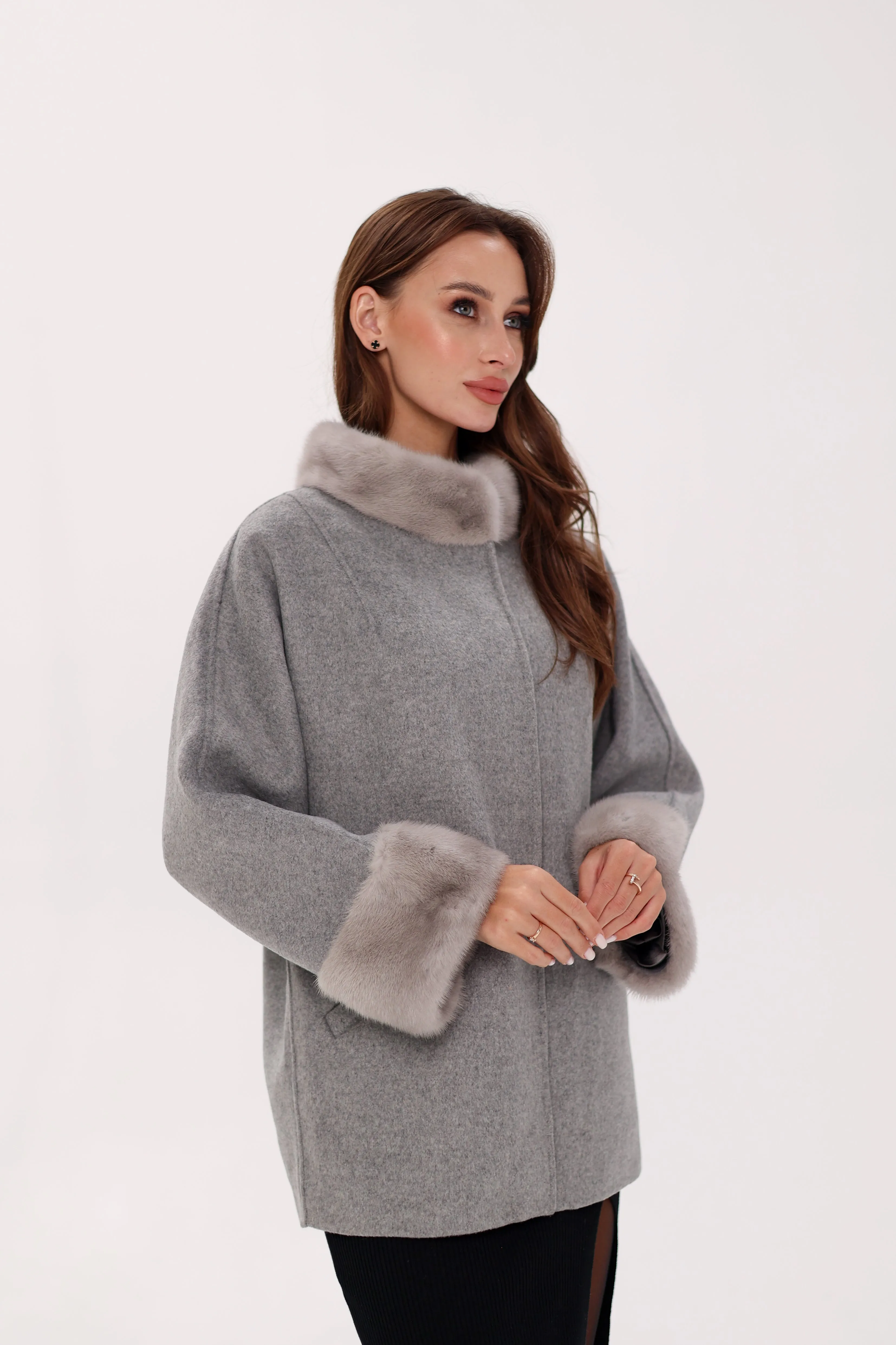 Virgin Wool Coat with Genuine Mink Fur