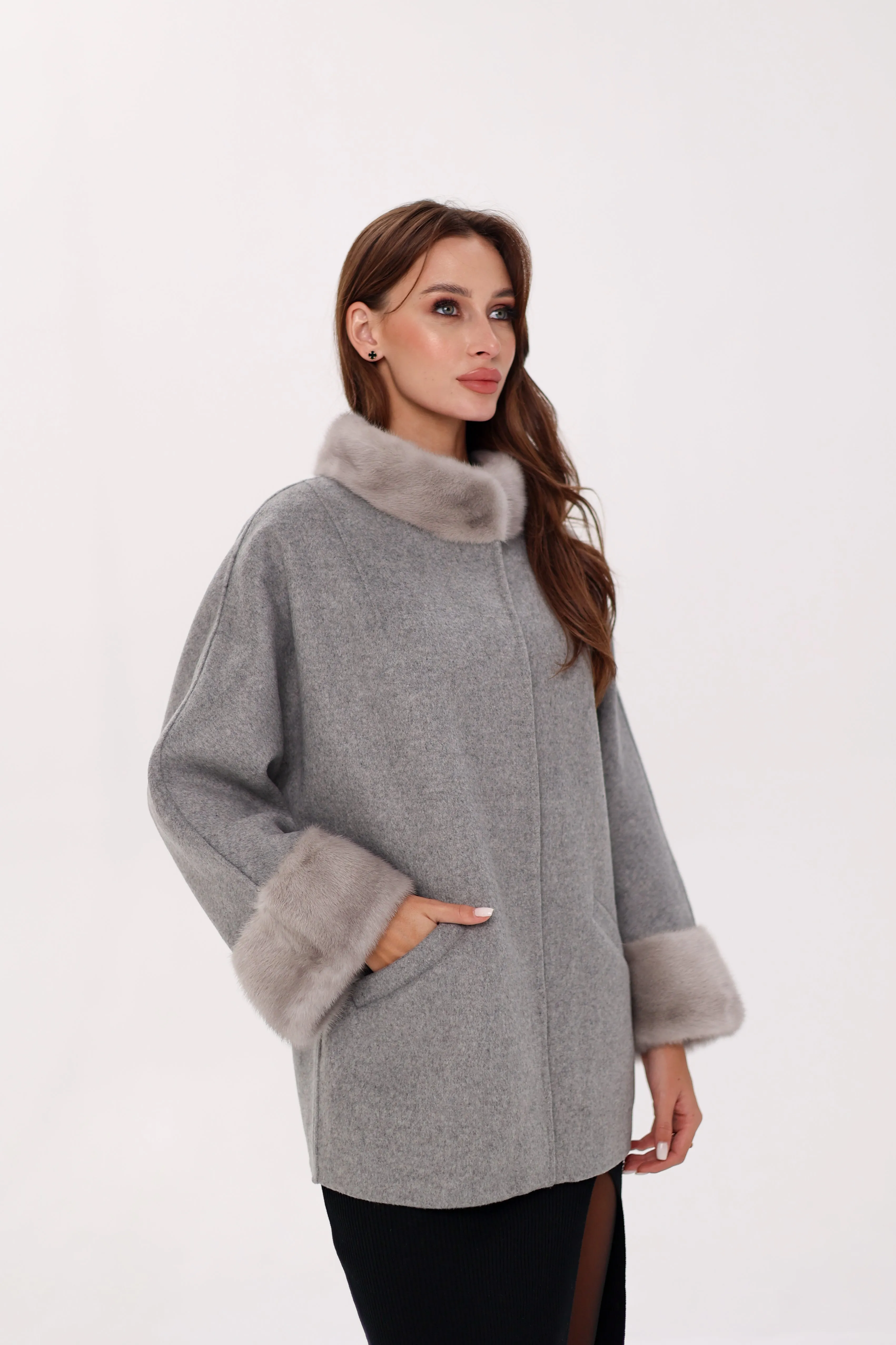 Virgin Wool Coat with Genuine Mink Fur