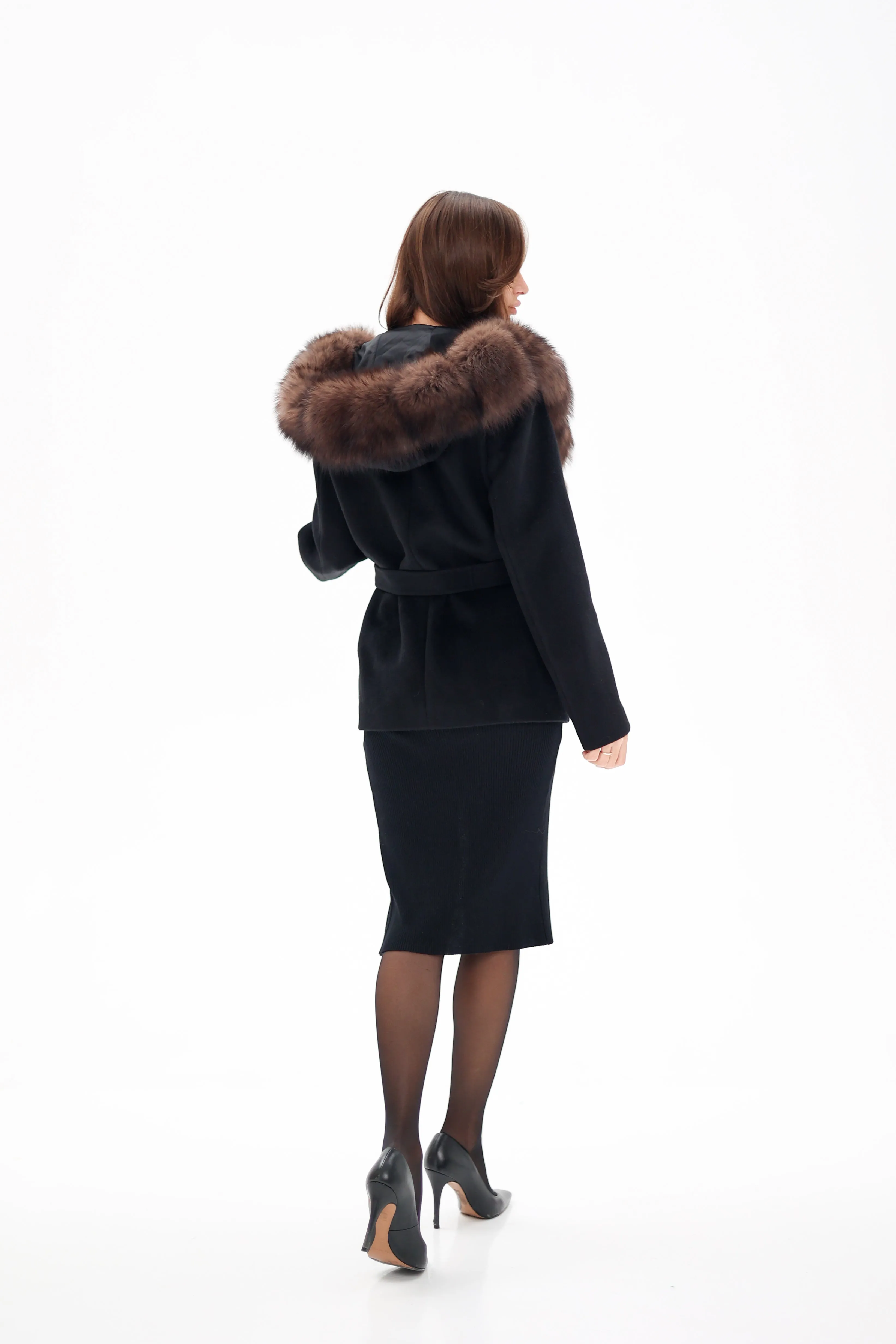 Virgin Wool Coat with Genuine Polar Fox Fur Hood