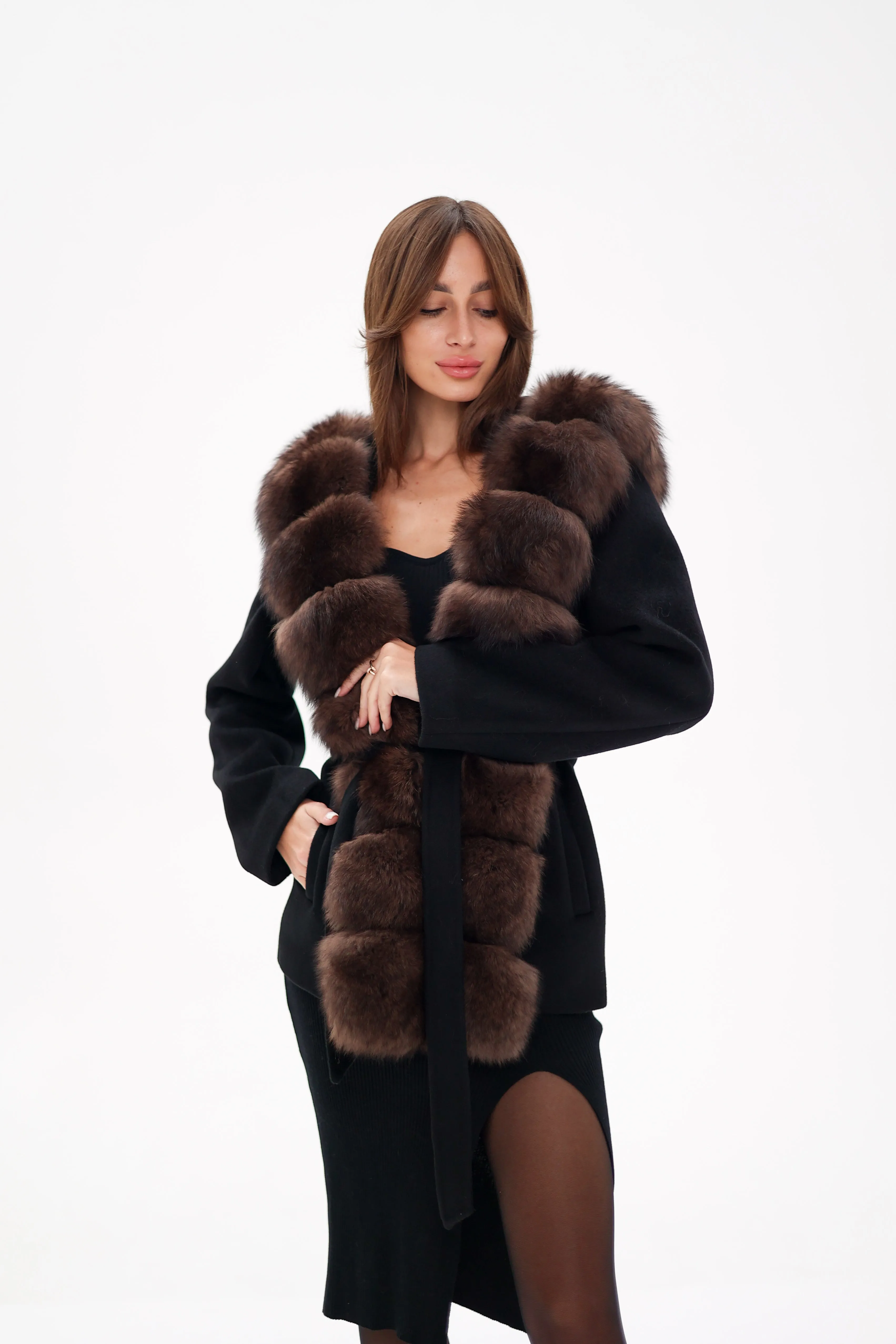 Virgin Wool Coat with Genuine Polar Fox Fur Hood