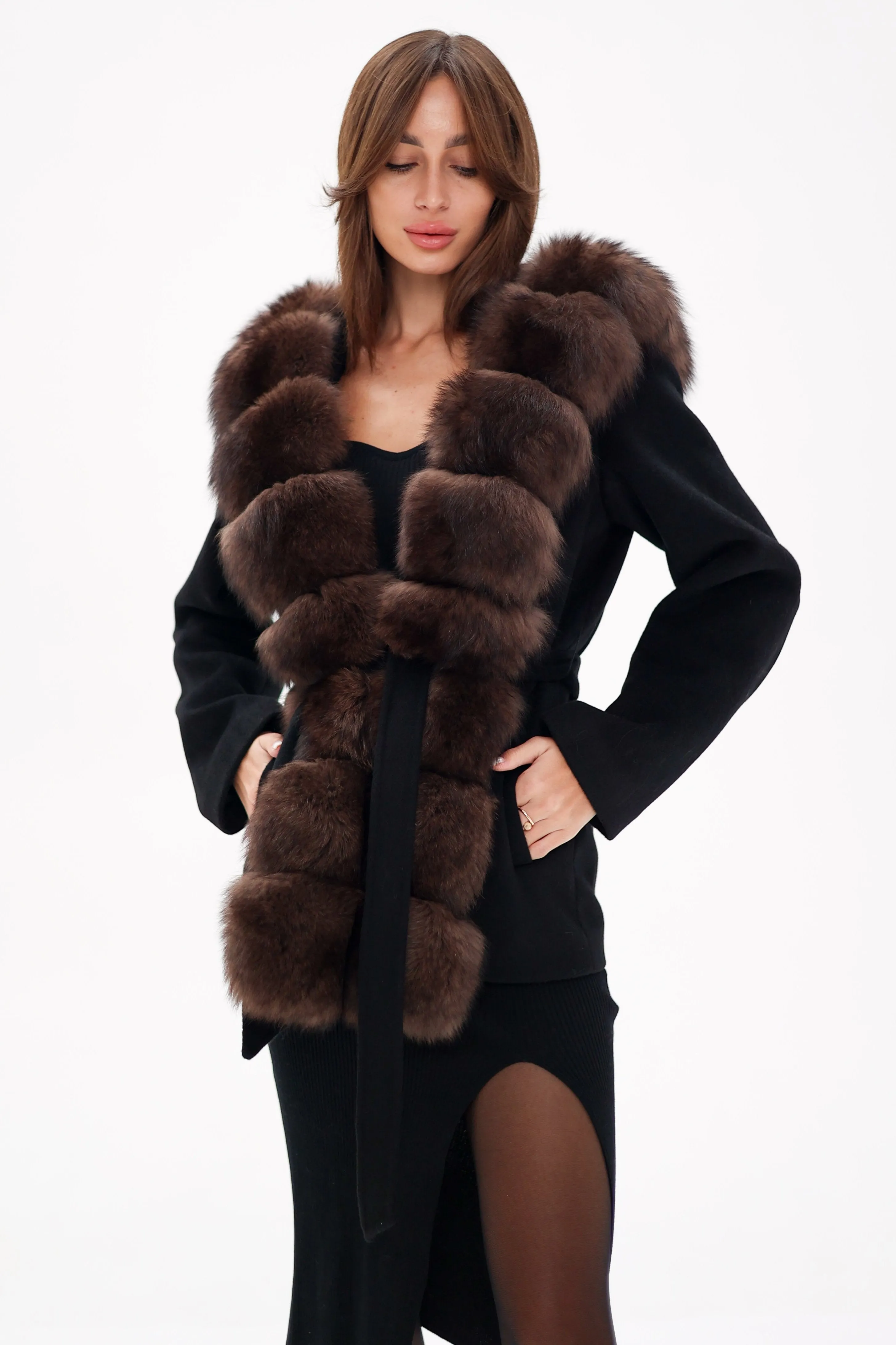 Virgin Wool Coat with Genuine Polar Fox Fur Hood