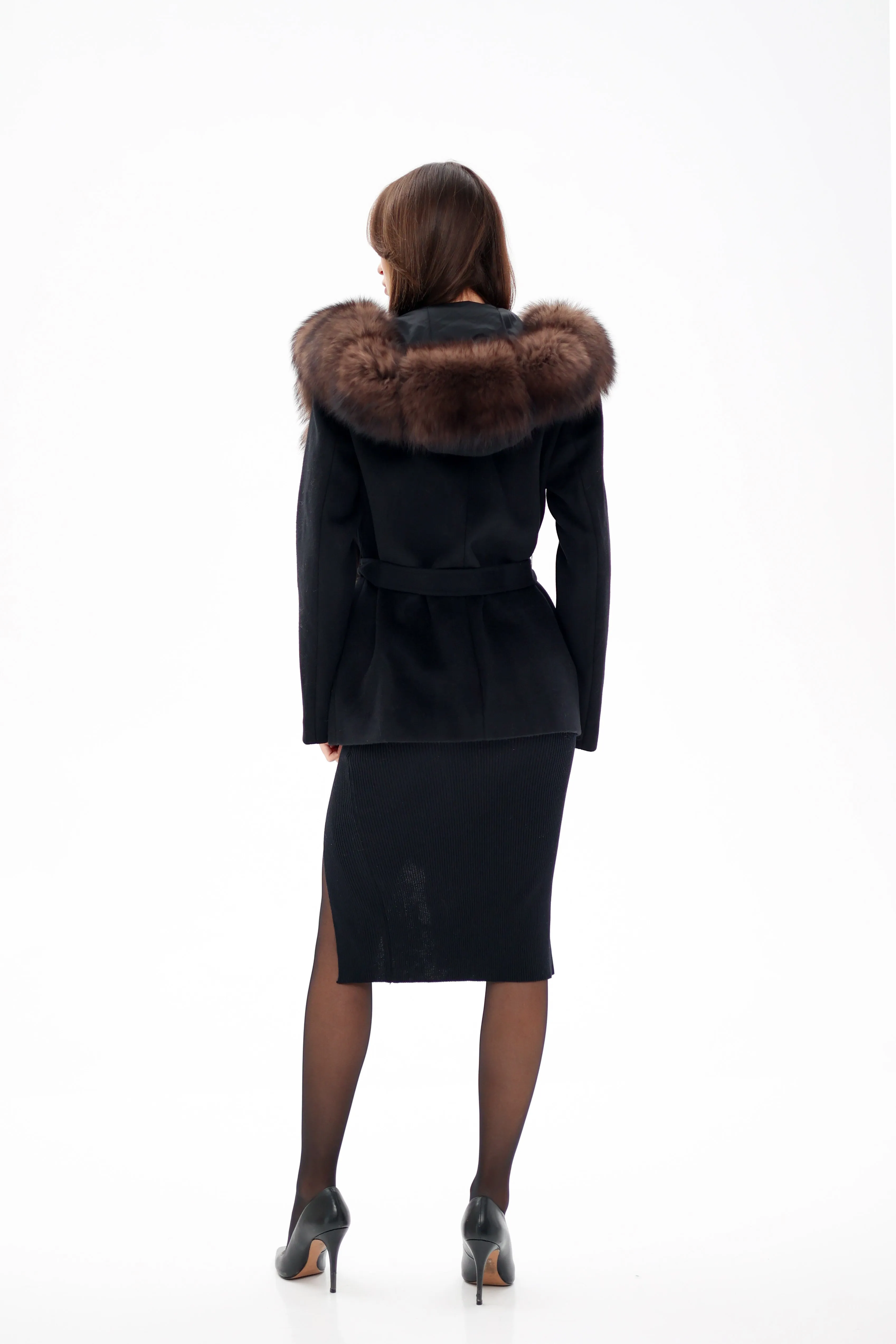 Virgin Wool Coat with Genuine Polar Fox Fur Hood