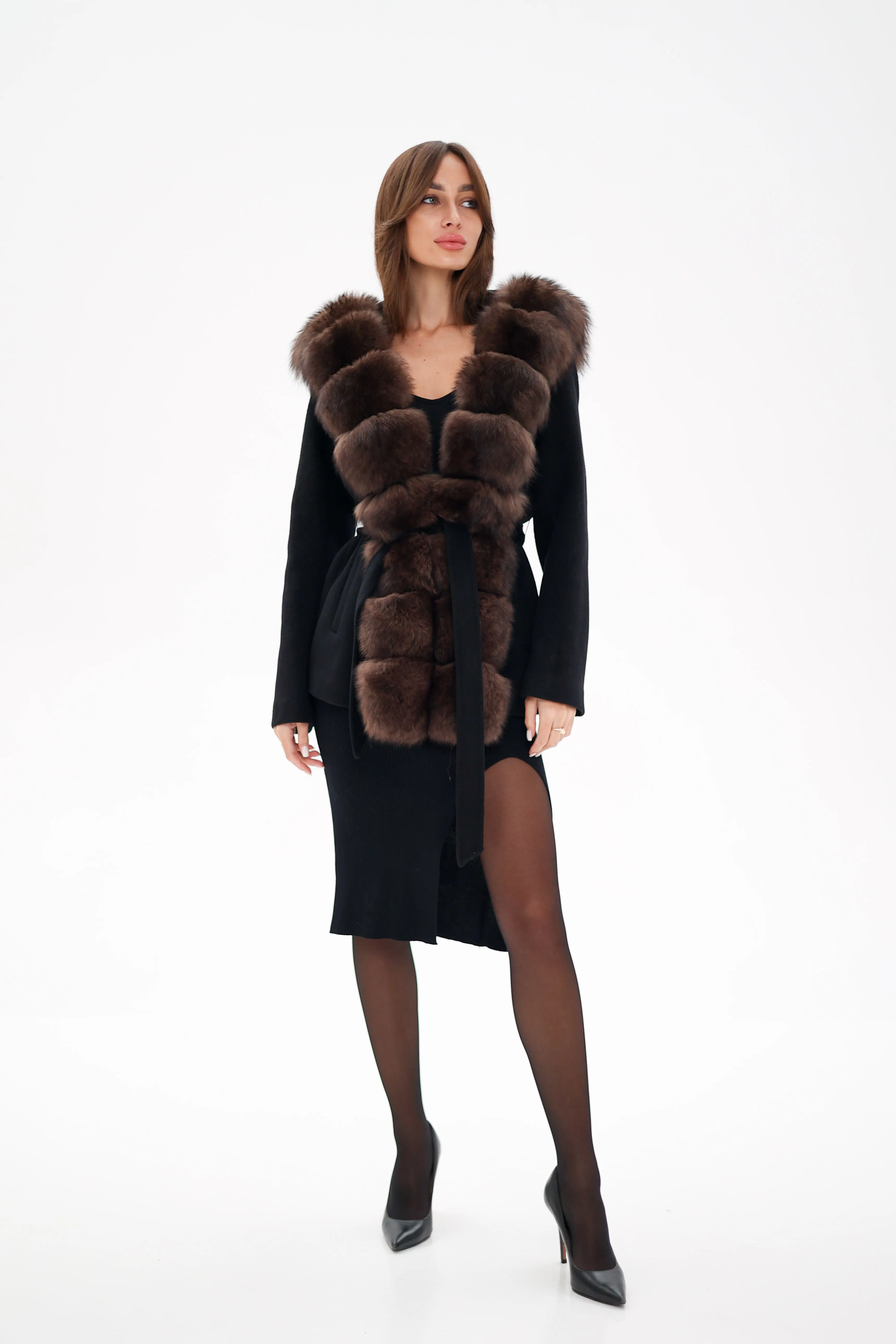 Virgin Wool Coat with Genuine Polar Fox Fur Hood