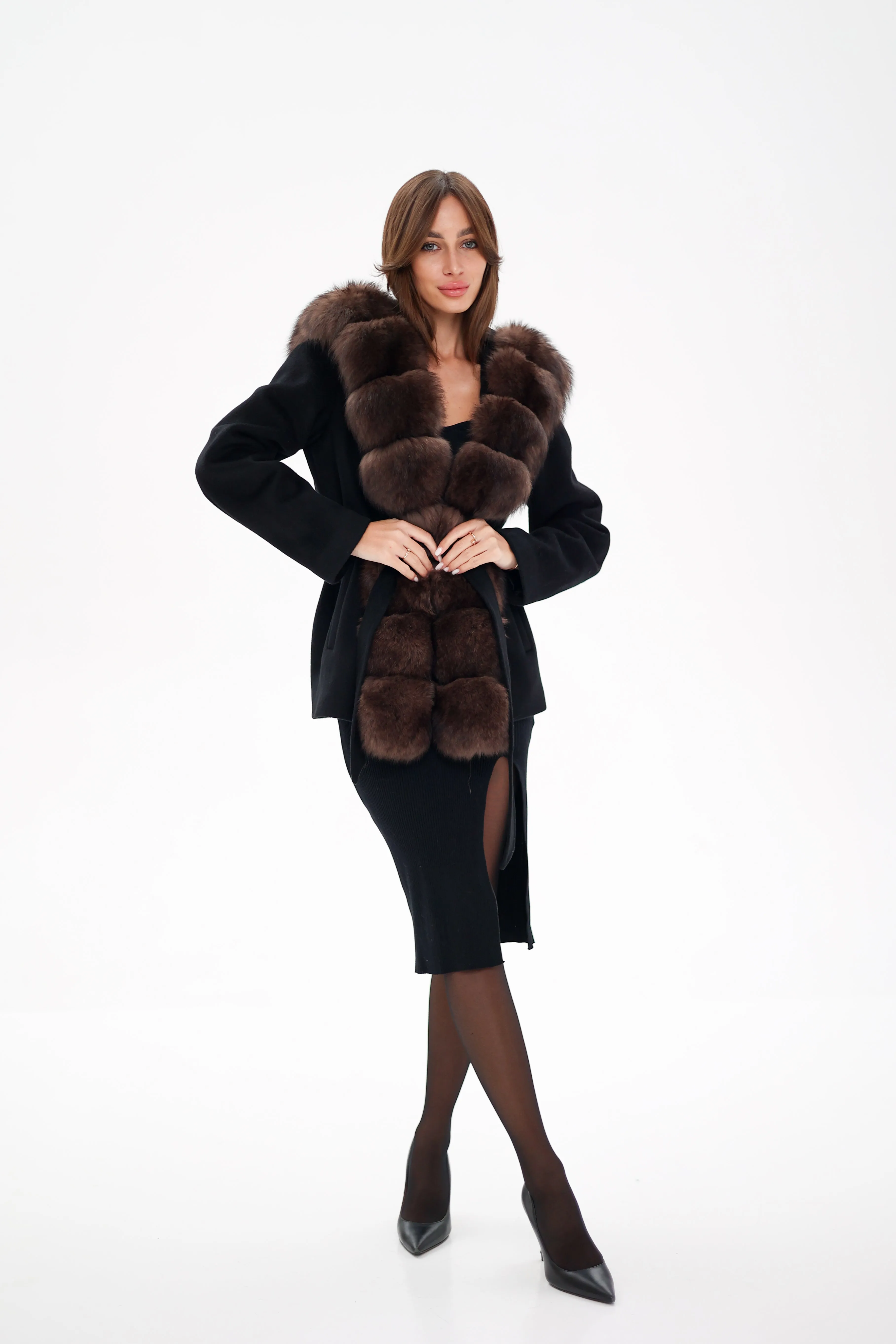 Virgin Wool Coat with Genuine Polar Fox Fur Hood