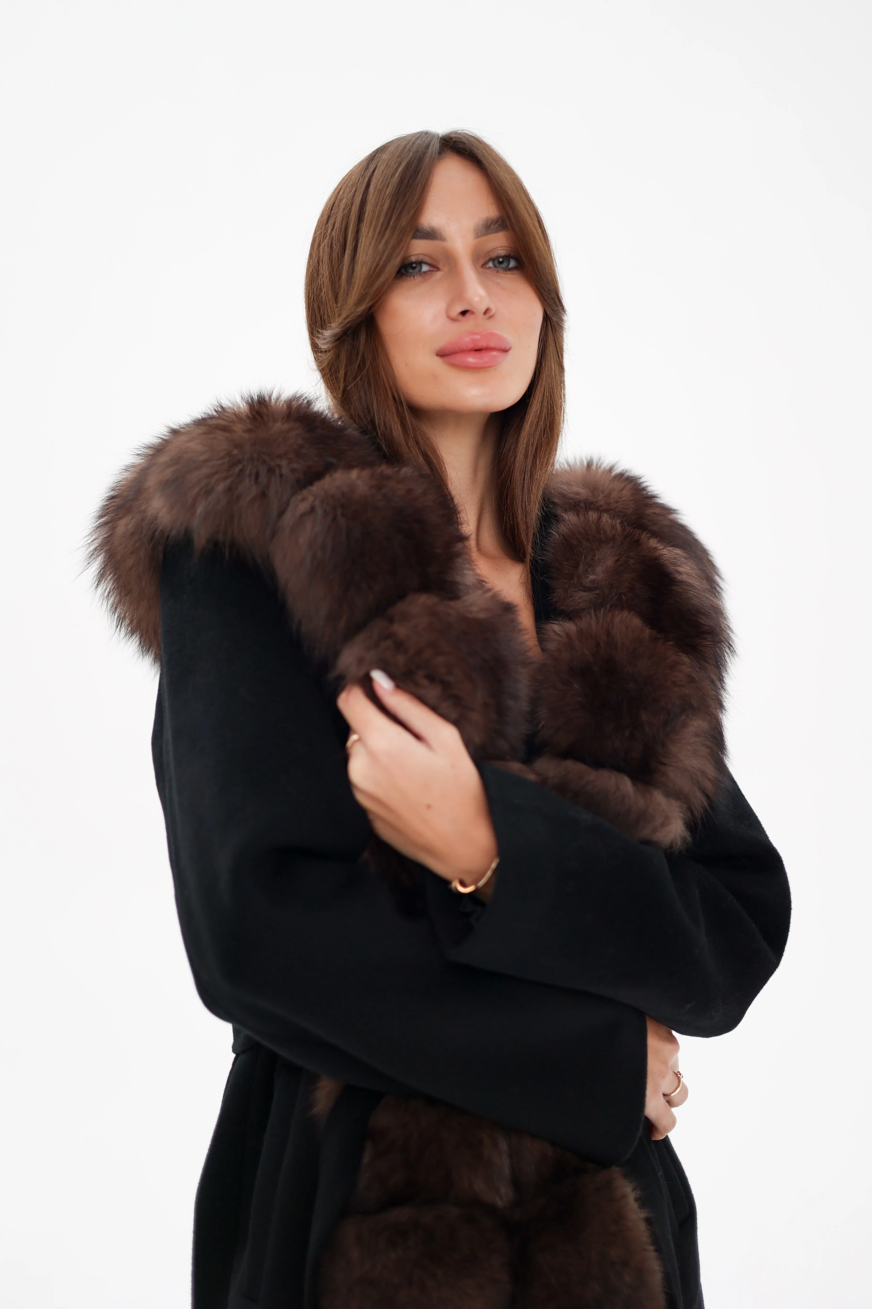 Virgin Wool Coat with Genuine Polar Fox Fur Hood