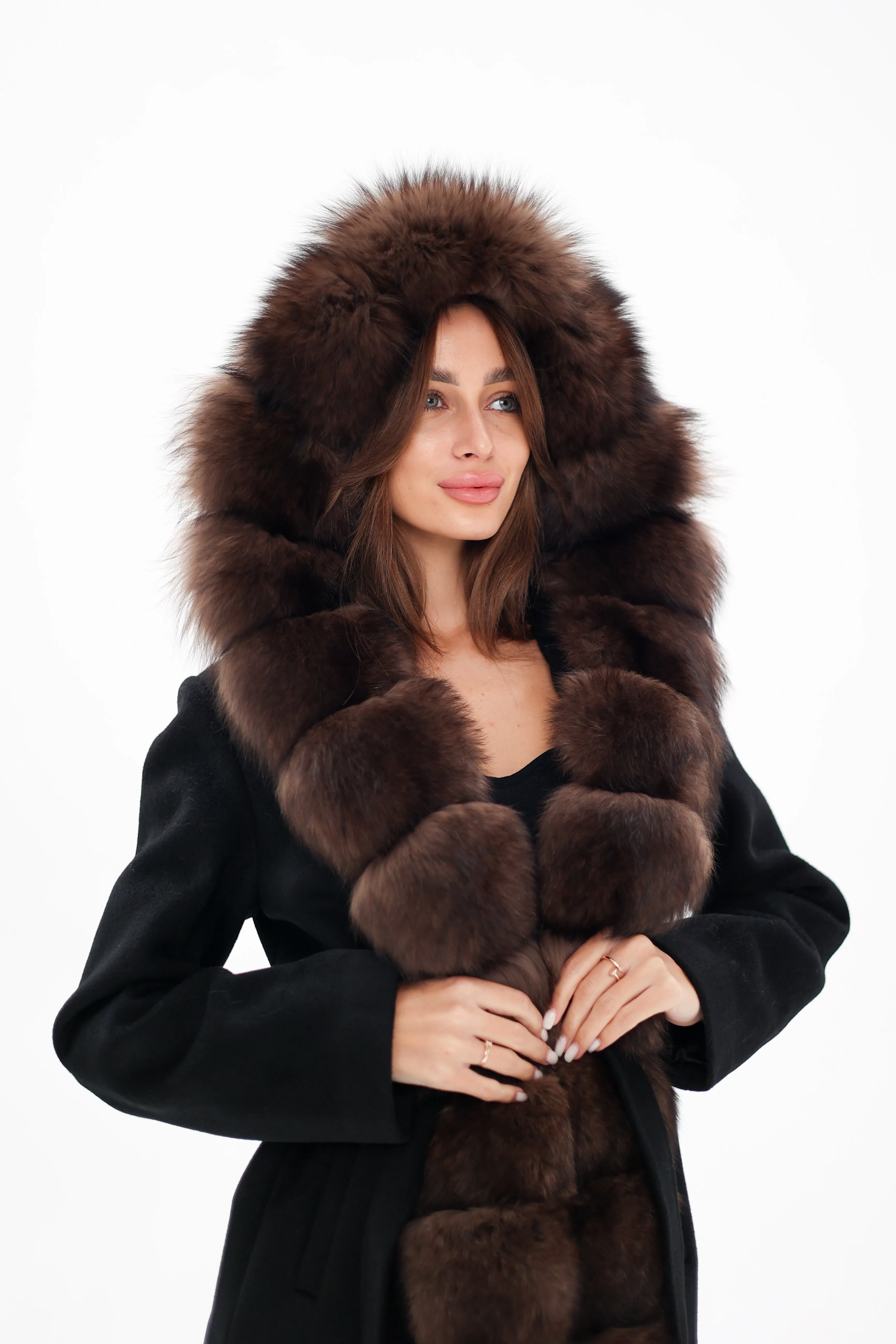 Virgin Wool Coat with Genuine Polar Fox Fur Hood