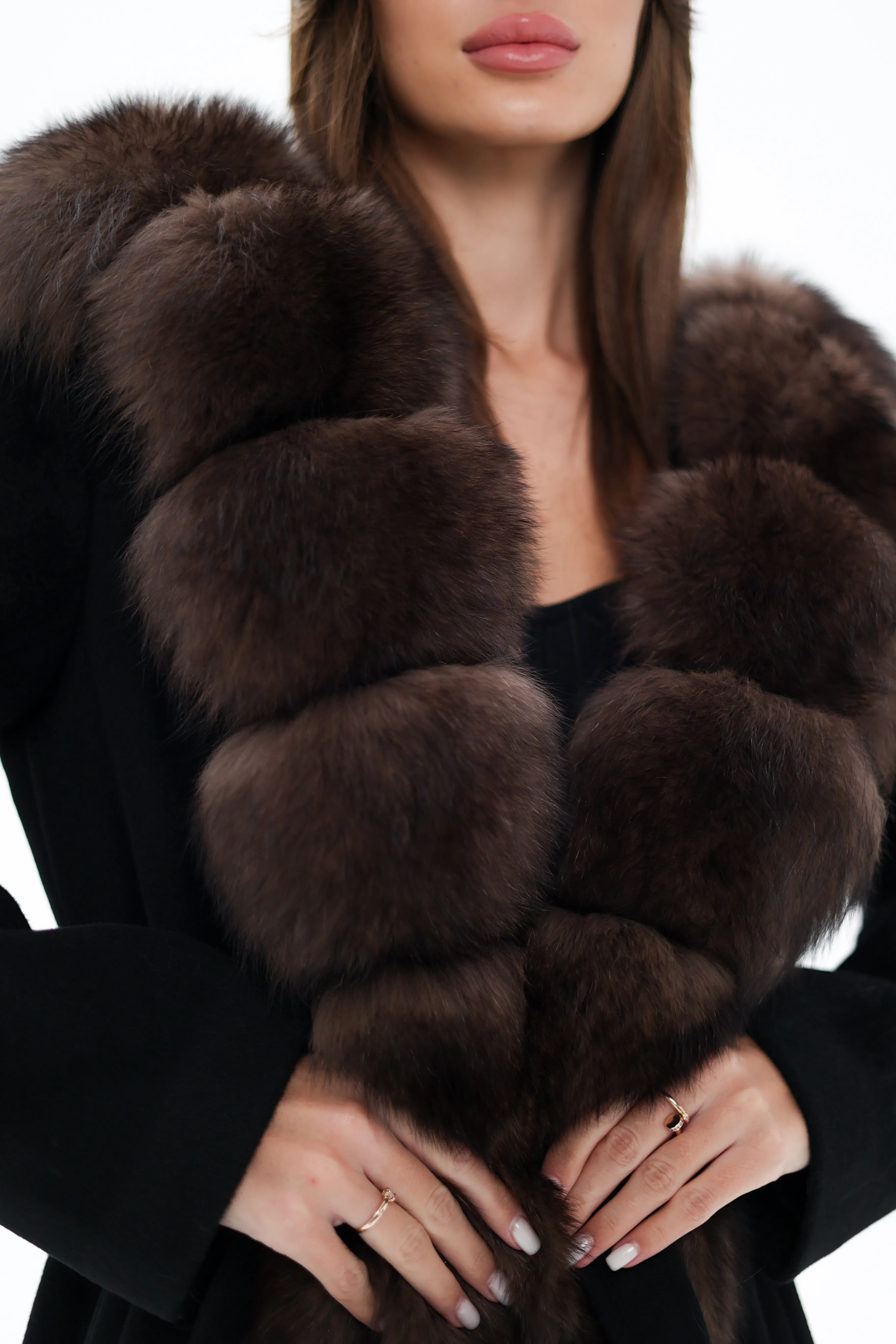 Virgin Wool Coat with Genuine Polar Fox Fur Hood