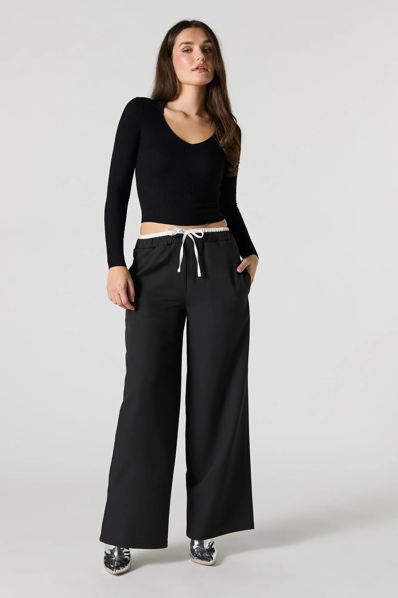 Wide Leg Dress Pants with Contrast Waistband