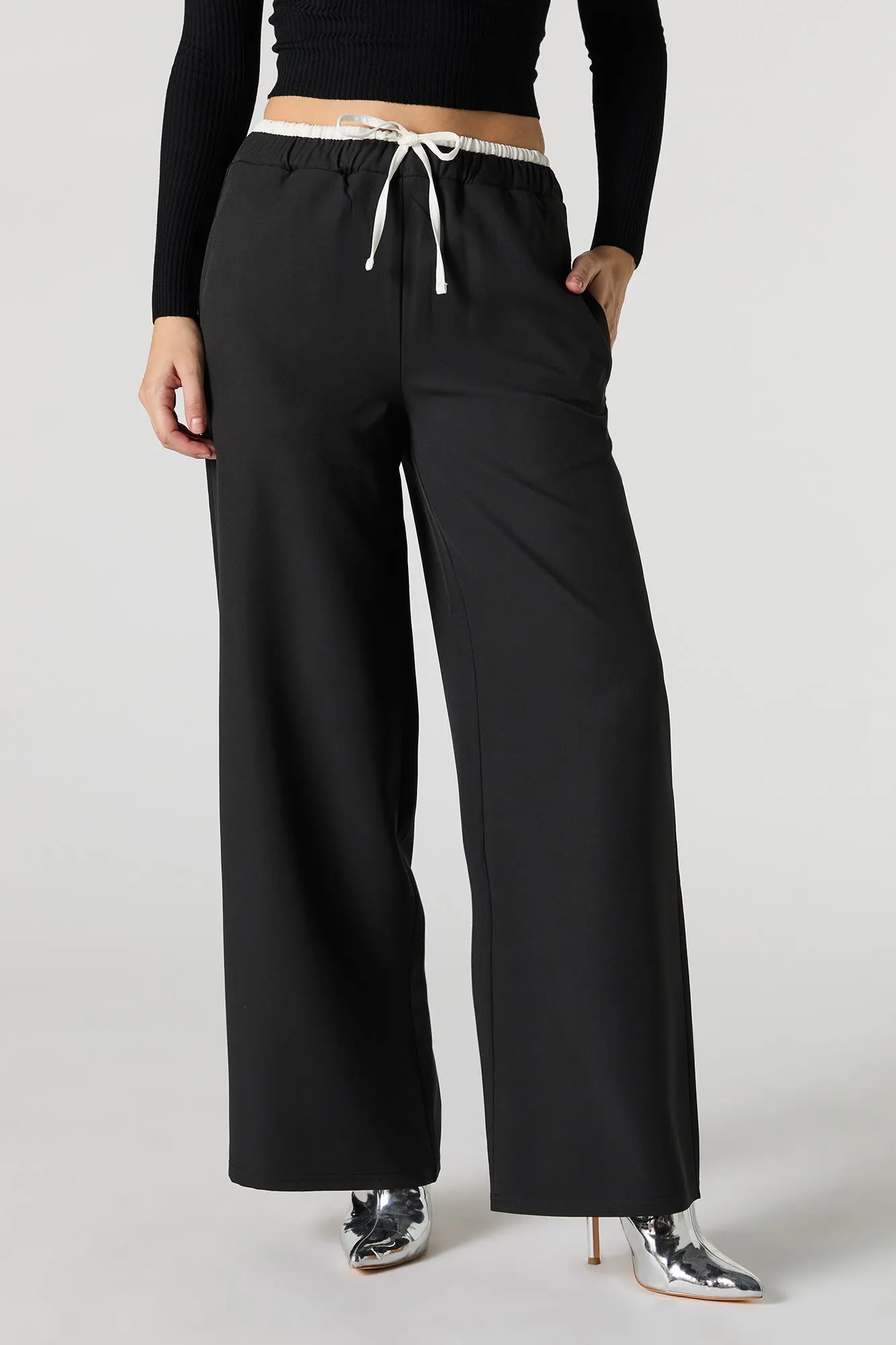 Wide Leg Dress Pants with Contrast Waistband