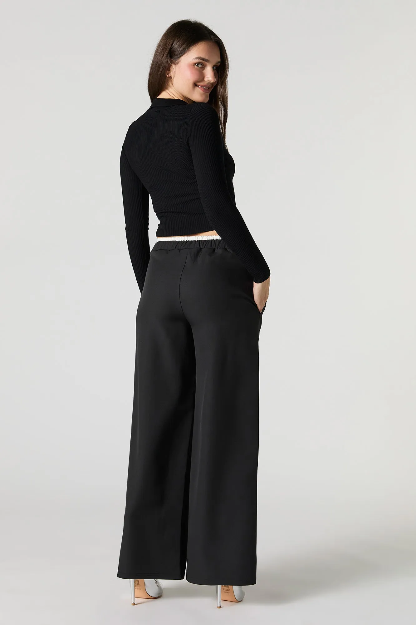 Wide Leg Dress Pants with Contrast Waistband