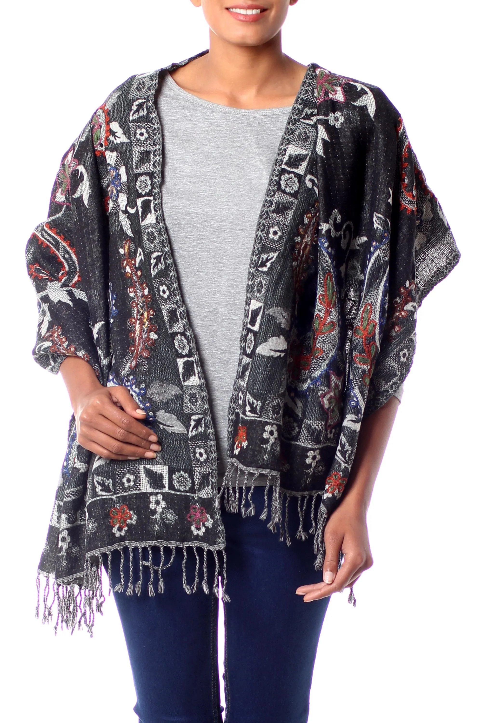 Wool Embroidered Wrap Shawl - Fair Trade Floral Design for Eventide