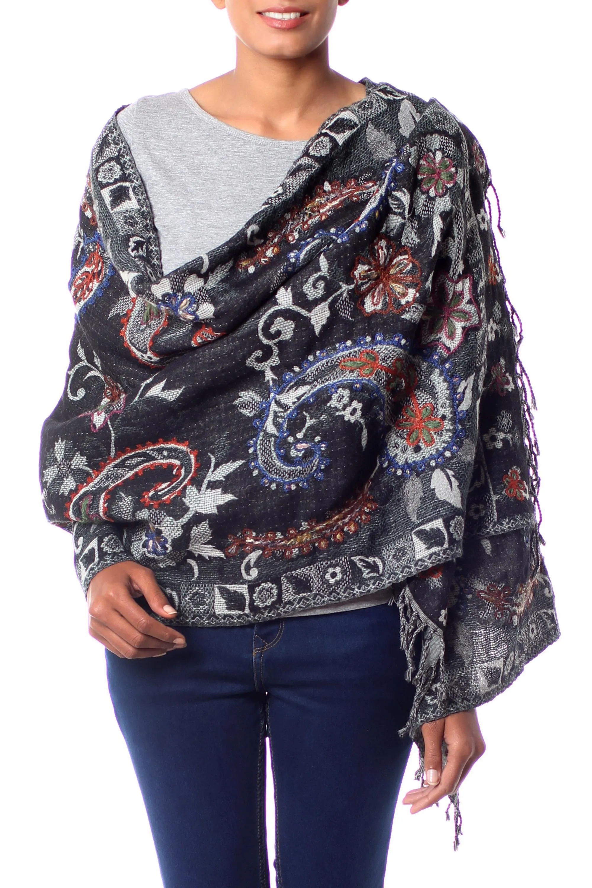 Wool Embroidered Wrap Shawl - Fair Trade Floral Design for Eventide