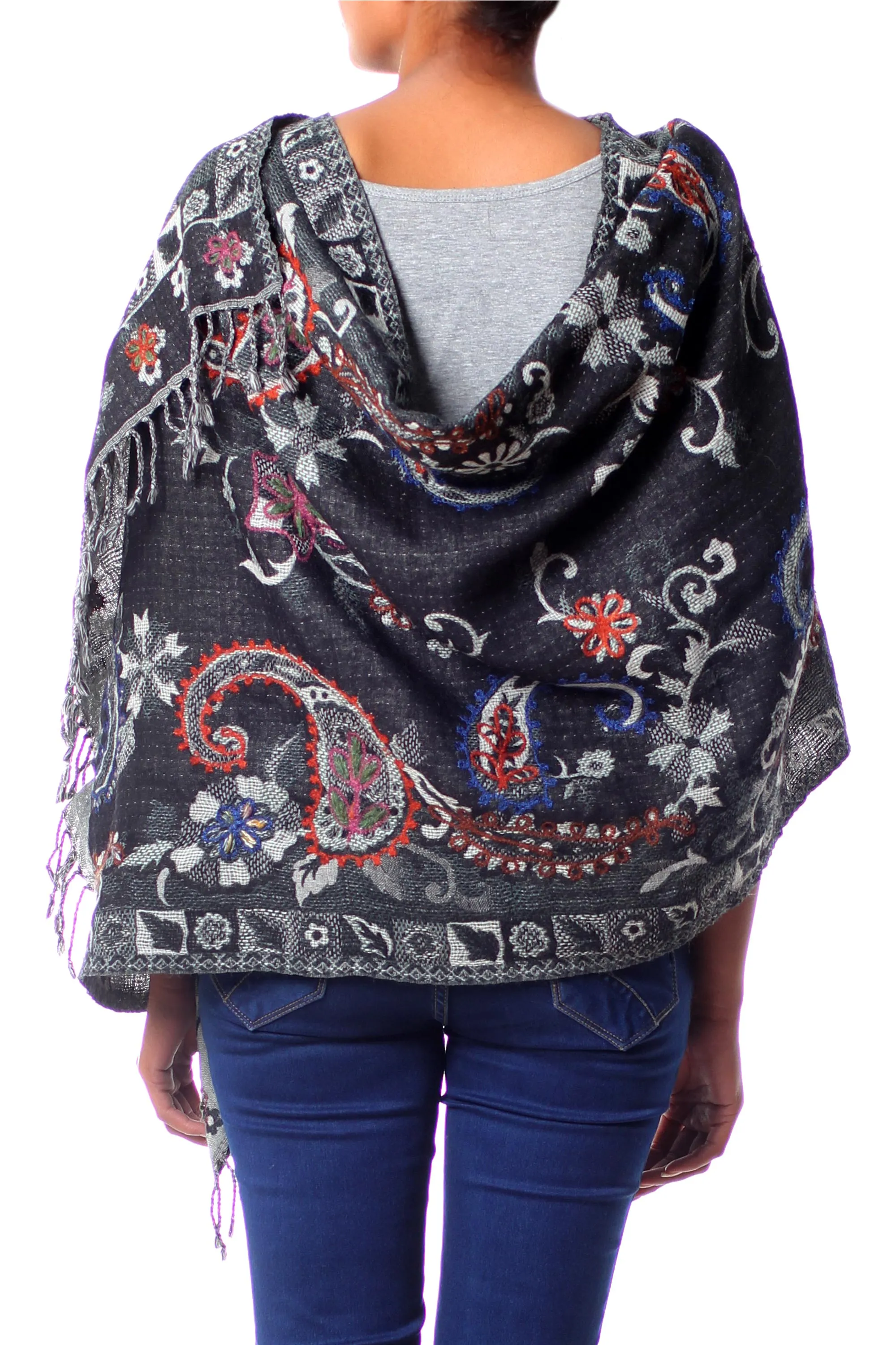 Wool Embroidered Wrap Shawl - Fair Trade Floral Design for Eventide