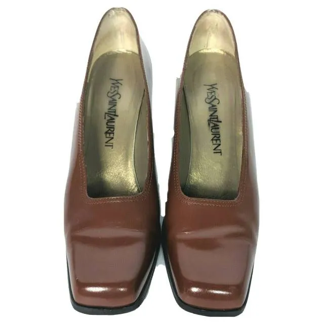 Yves Saint Laurent Brown Leather Block Pump Shoes Size 8.5 for Women